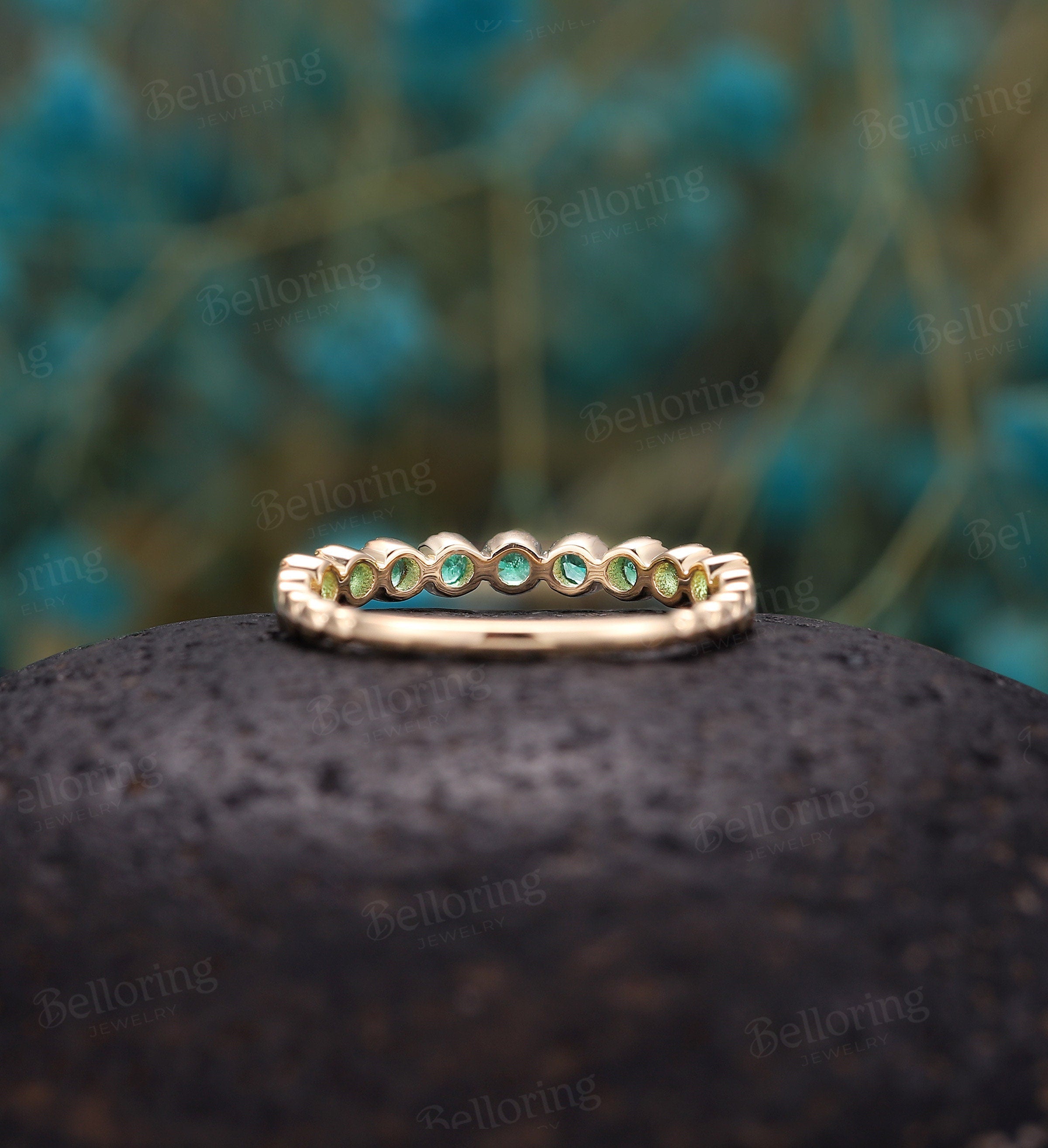 Emerald wedding band Unique yellow gold half eternity band, Antique Stacking ring, Vintage Bridal ring Anniversary round cut wedding ring