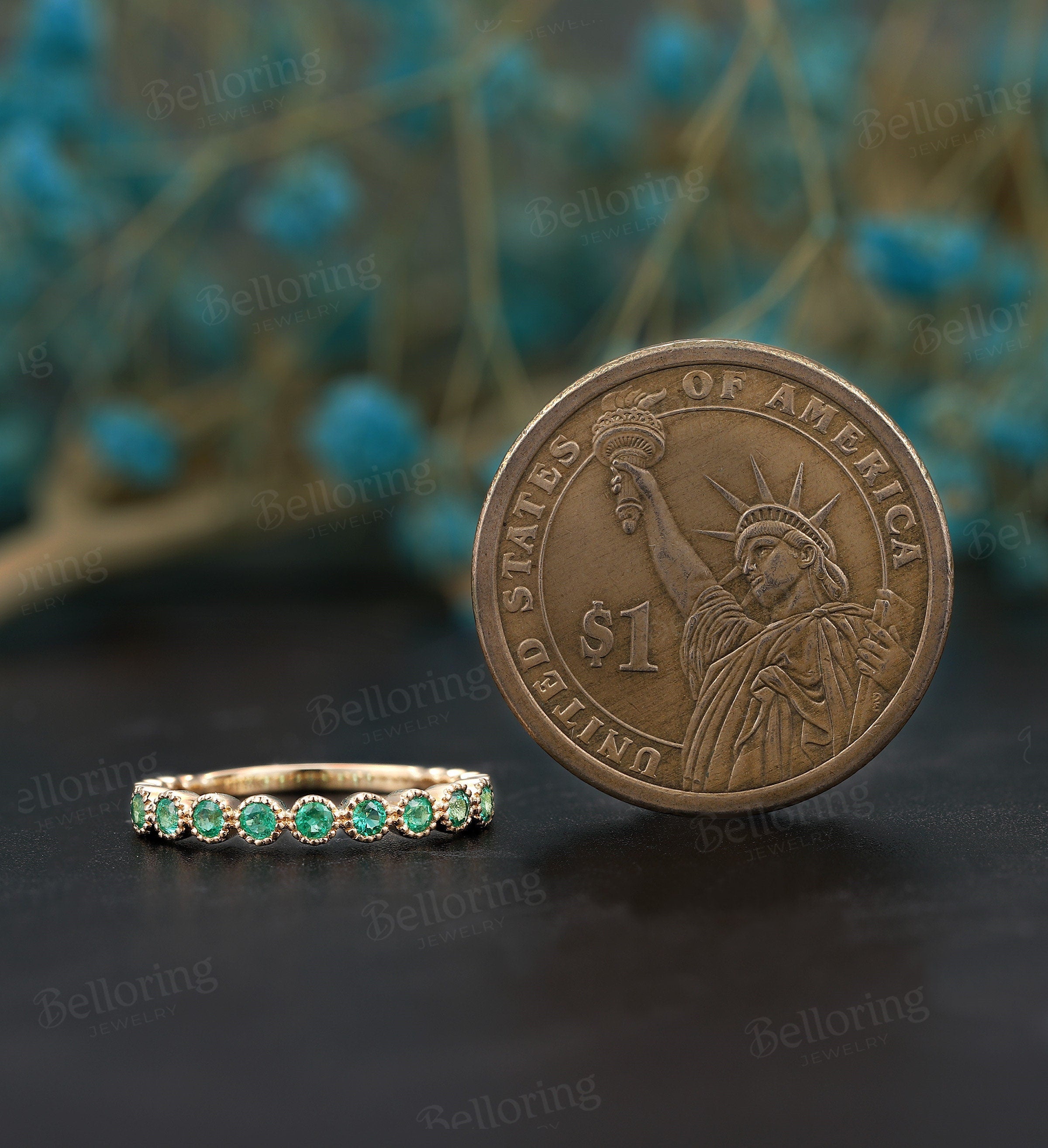 Emerald wedding band Unique yellow gold half eternity band, Antique Stacking ring, Vintage Bridal ring Anniversary round cut wedding ring