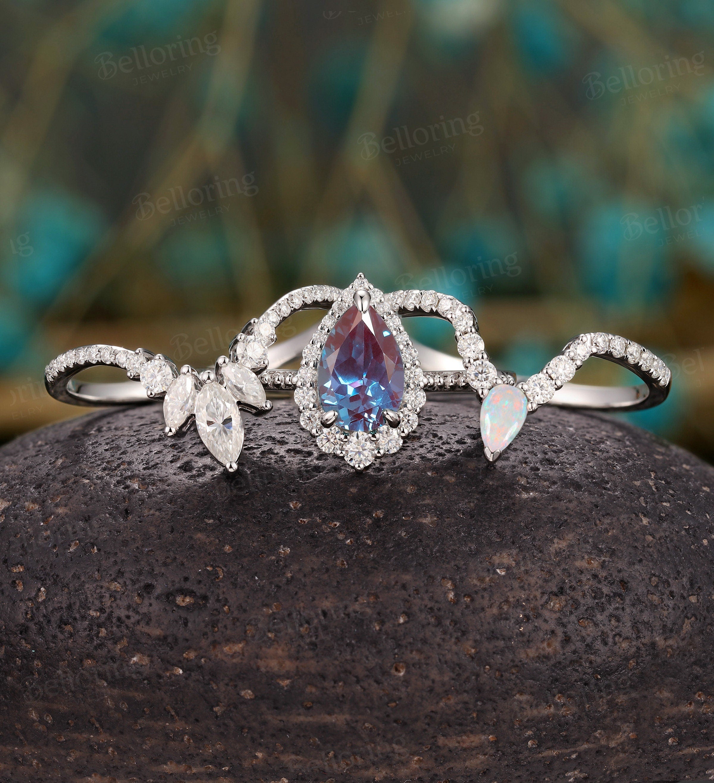 Alexandrite bridal set engagement ring Art deco Moissanite/Diamond ring Vintage Pear cut White gold ring Promise prong set Anniversary ring