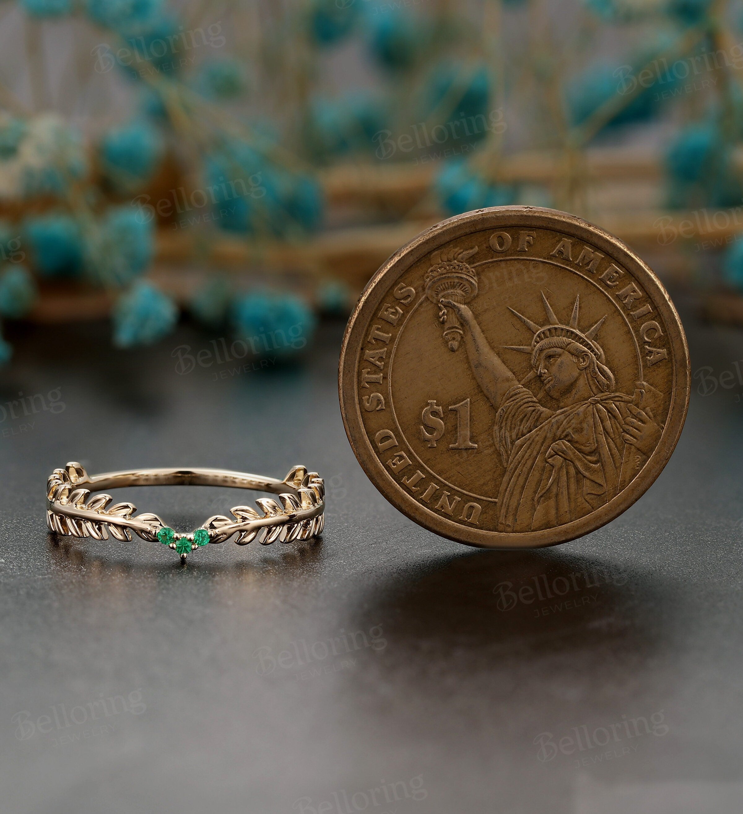 Emerald curved wedding band Vintage yellow Gold leaf ring unique dainty Art Deco Antique wedding ring Promise Anniversary ring