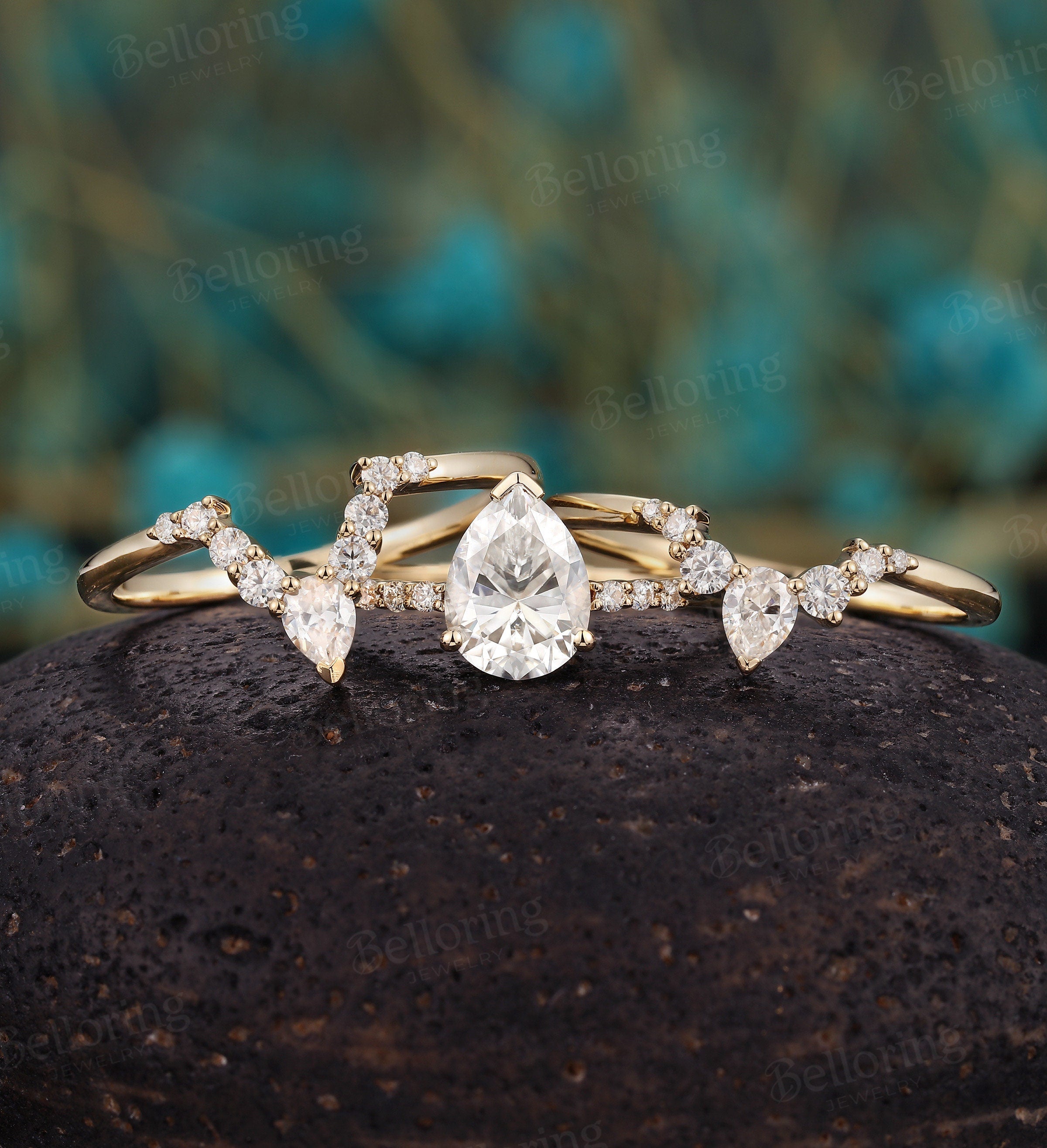 Moissanite engagement ring set yellow gold pear shaped vintage diamond ring curved Wedding band unique promise Anniversary wedding ring set