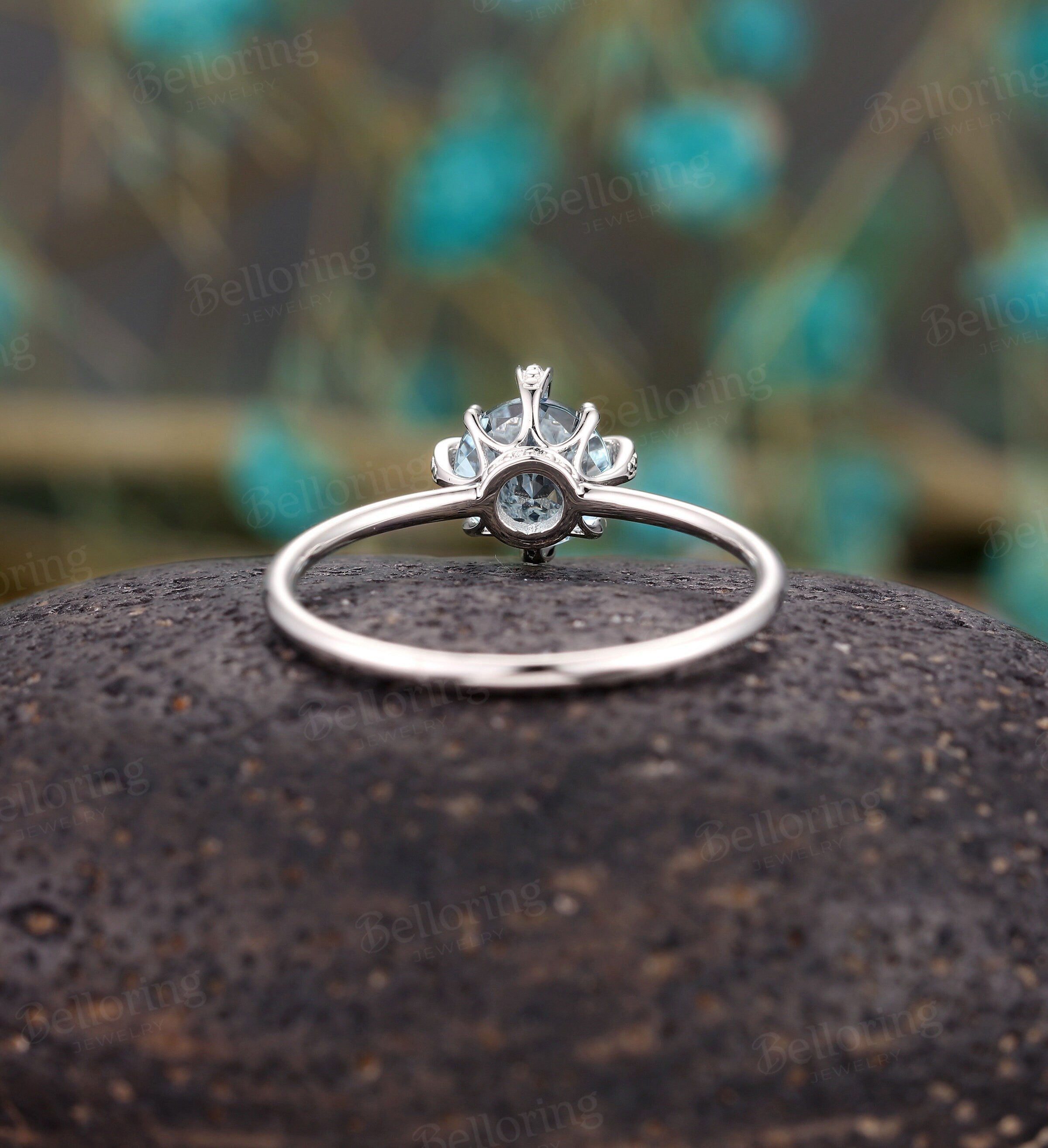 Aquamarine engagement ring white gold round vintage diamond art deco bridal ring alternative antique Promise Anniversary wedding ring