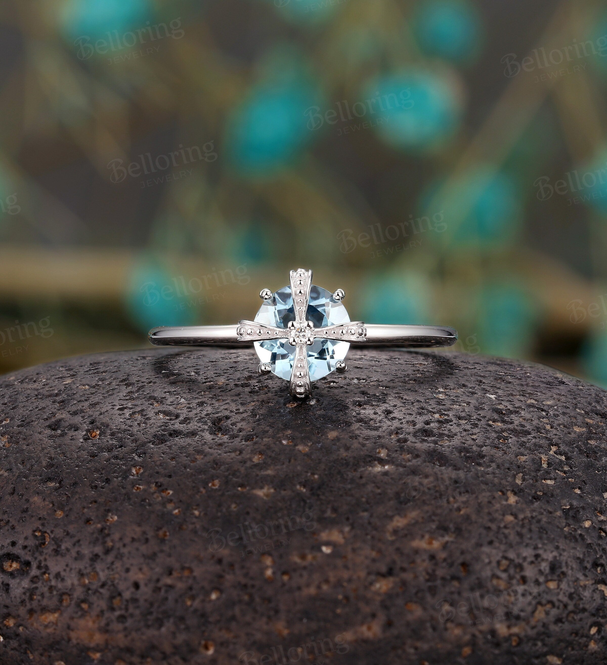 Aquamarine engagement ring white gold round vintage diamond art deco bridal ring alternative antique Promise Anniversary wedding ring