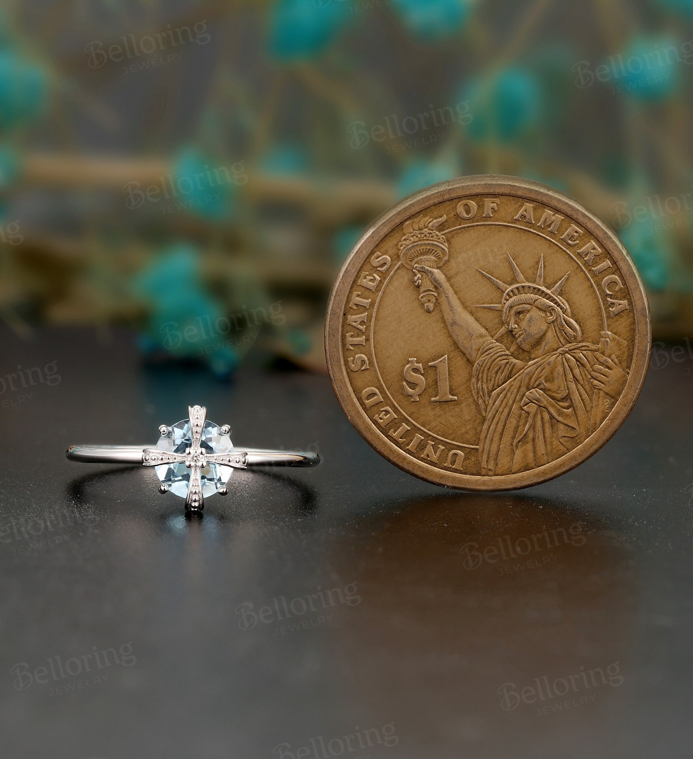 Aquamarine engagement ring white gold round vintage diamond art deco bridal ring alternative antique Promise Anniversary wedding ring