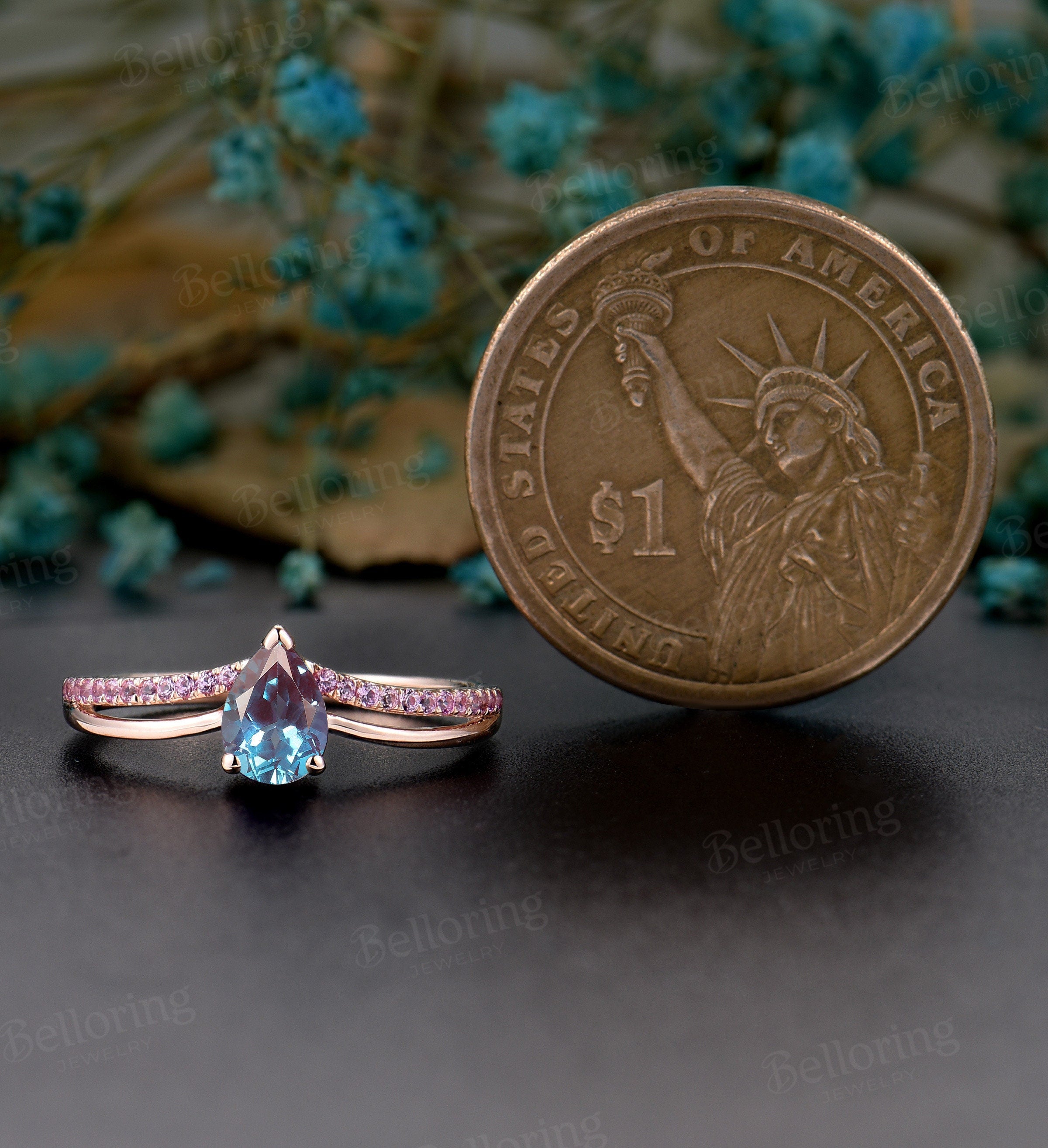 Alexandrite engagement ring pear shaped vintage pink sapphire Wedding ring half eternity antique promise curved band unique stacking rings