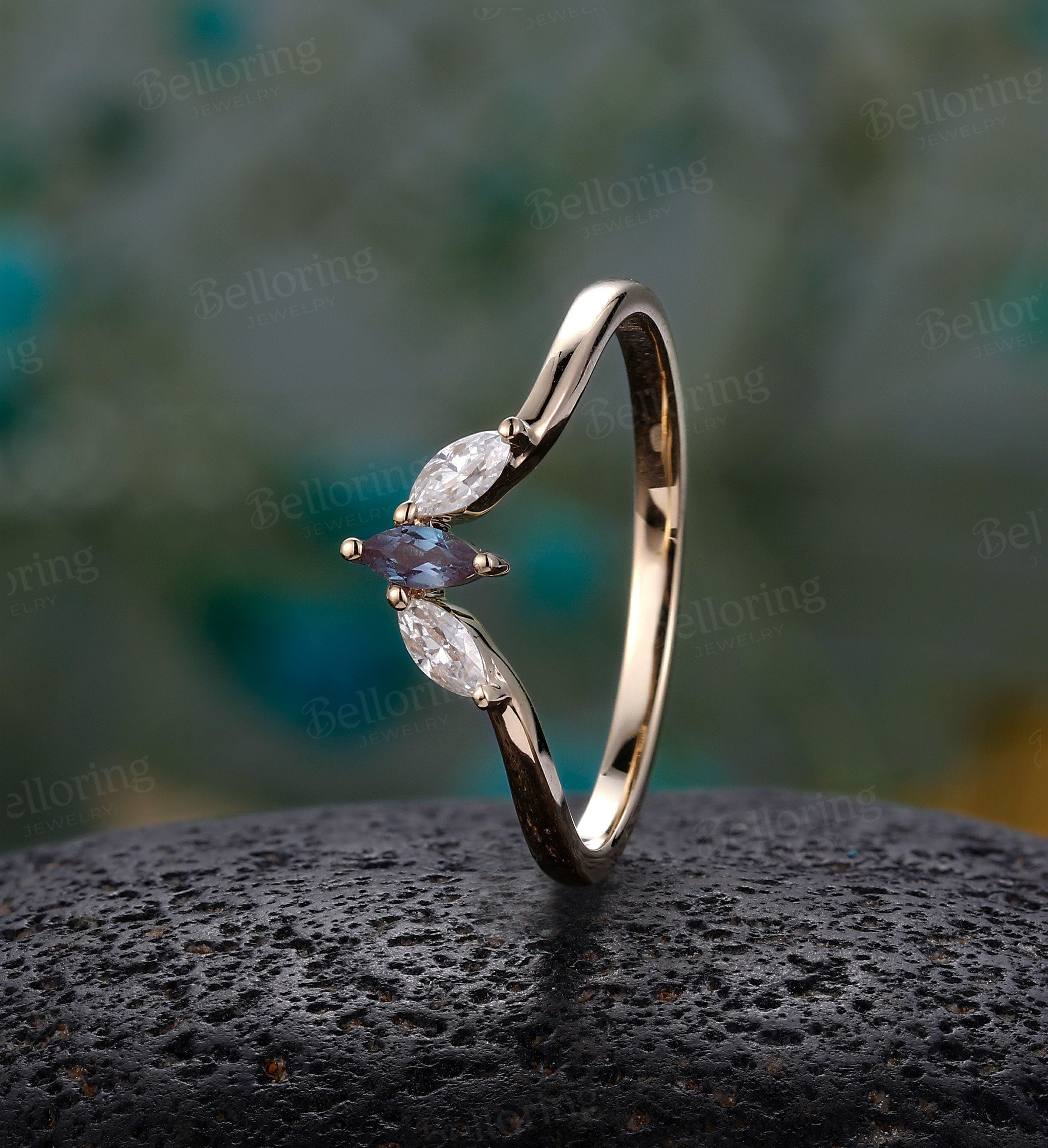 Marquise Moissanite/diamond & alexandrite Curved wedding band rose gold wedding ring Vintage Antique Unique Matching band Anniversary ring