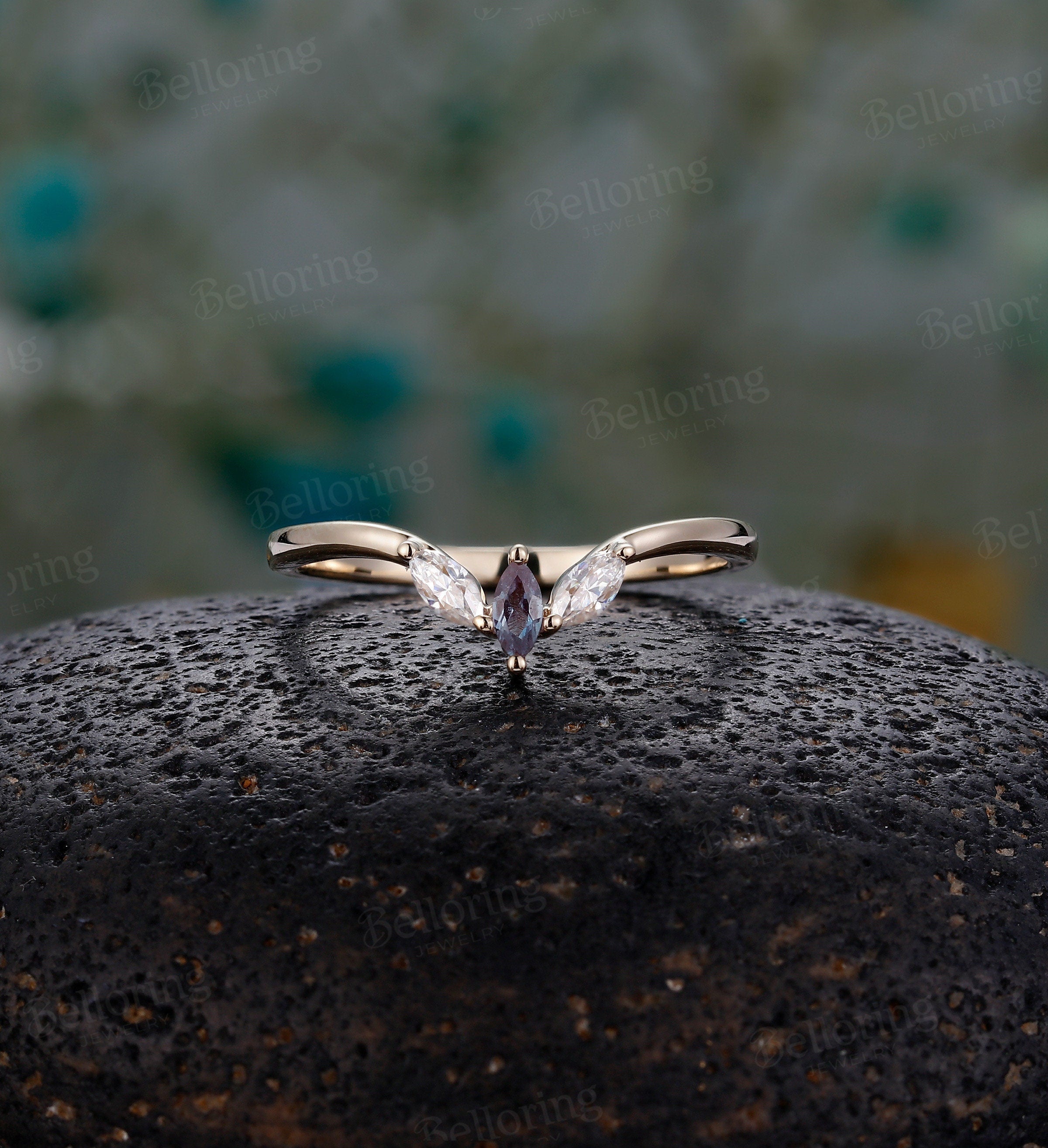 Marquise Moissanite/diamond & alexandrite Curved wedding band rose gold wedding ring Vintage Antique Unique Matching band Anniversary ring