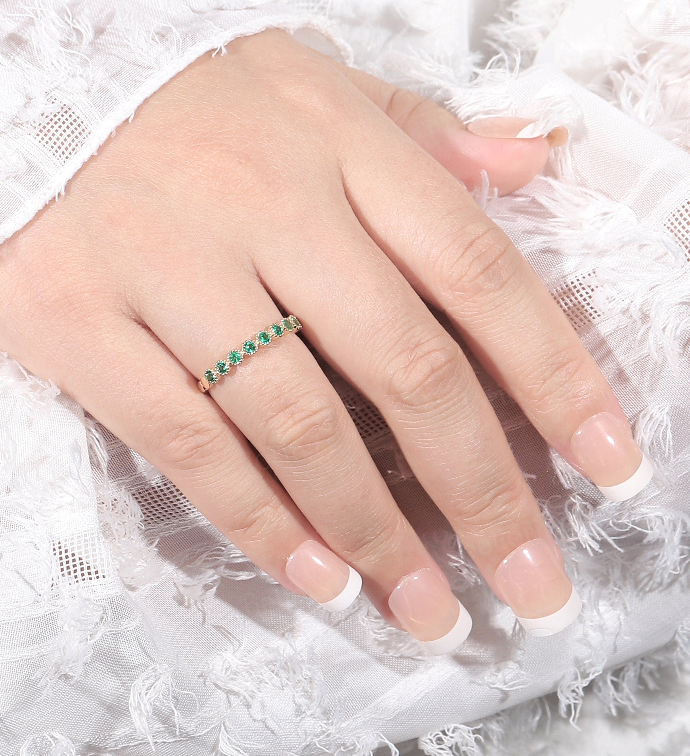 Emerald wedding band Unique yellow gold half eternity band, Antique Stacking ring, Vintage Bridal ring Anniversary round cut wedding ring
