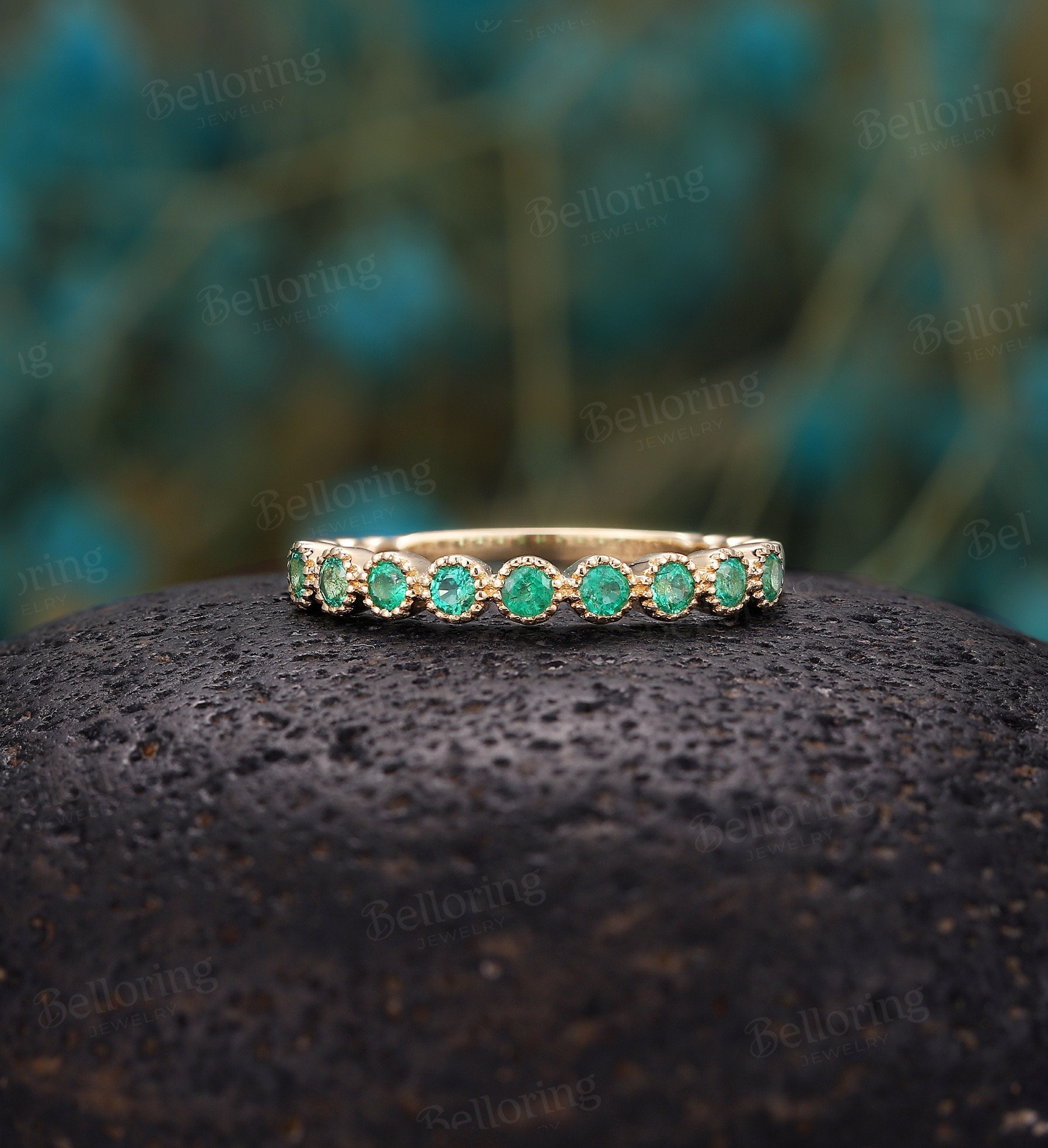 Emerald wedding band Unique yellow gold half eternity band, Antique Stacking ring, Vintage Bridal ring Anniversary round cut wedding ring