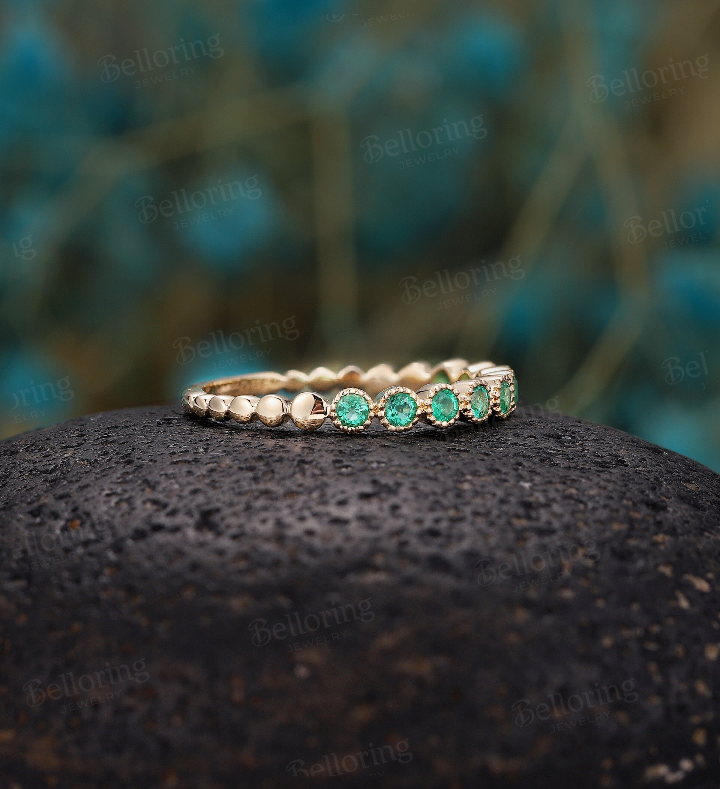 Emerald wedding band Unique yellow gold half eternity band, Antique Stacking ring, Vintage Bridal ring Anniversary round cut wedding ring