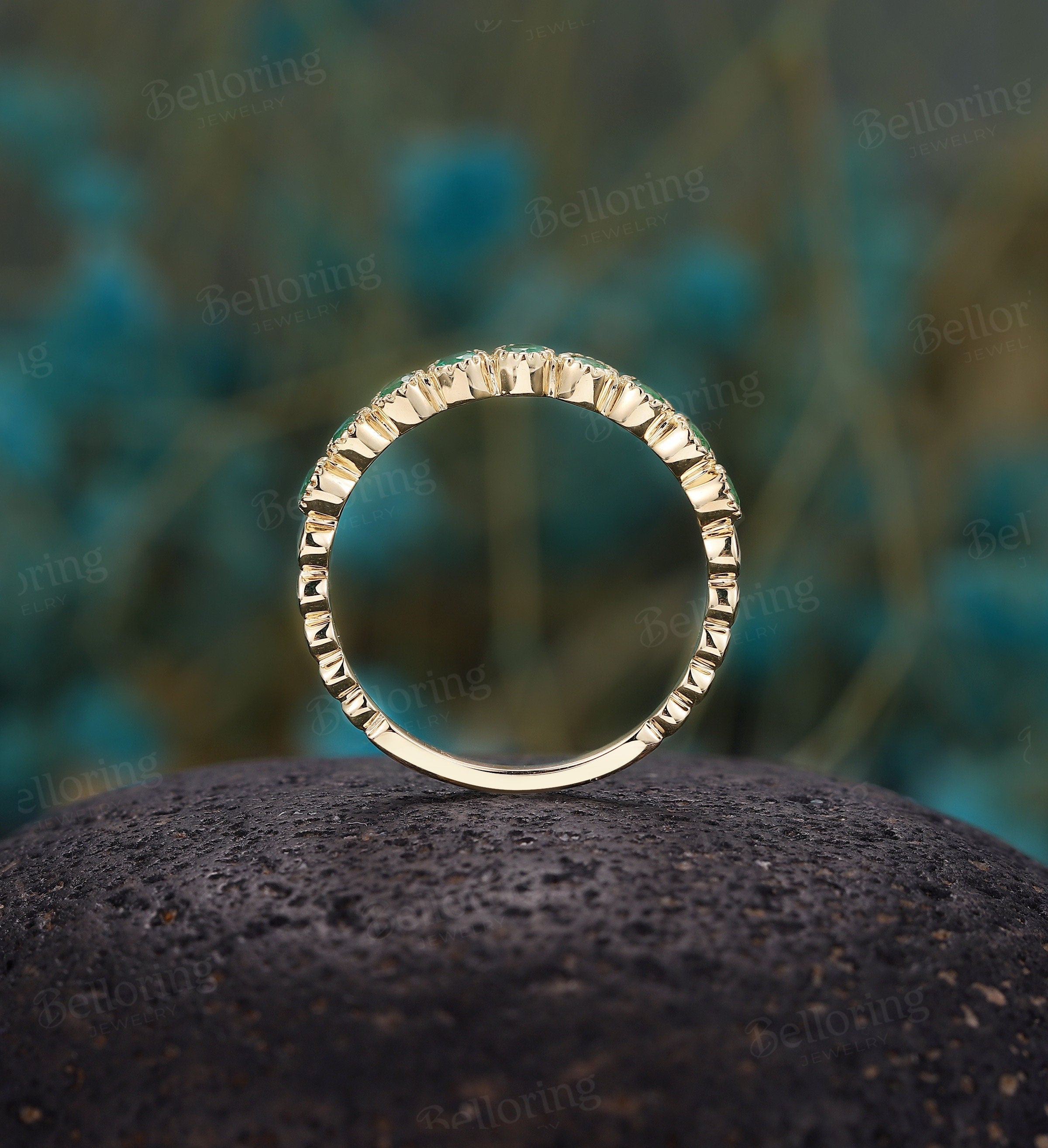 Emerald wedding band Unique yellow gold half eternity band, Antique Stacking ring, Vintage Bridal ring Anniversary round cut wedding ring