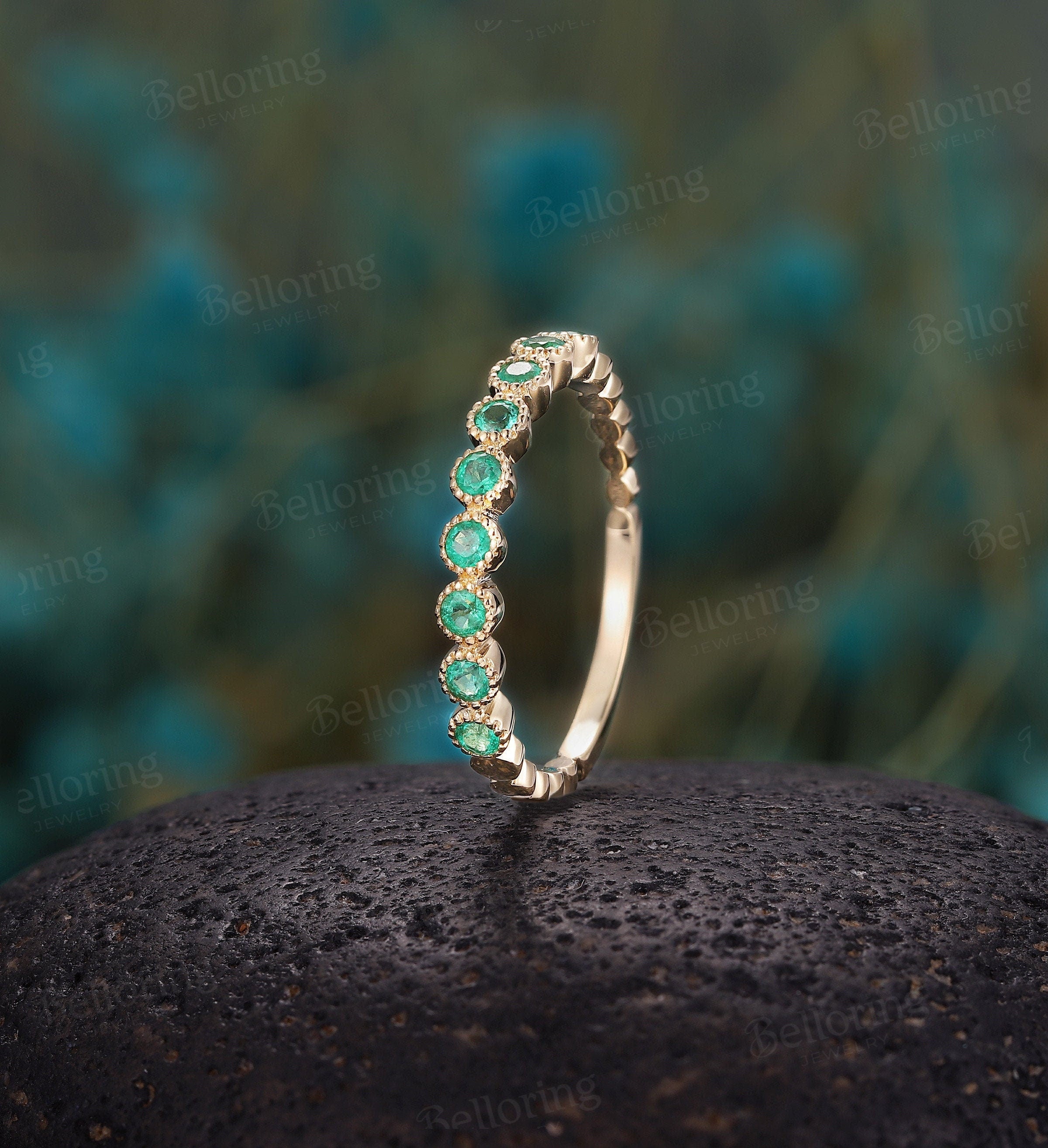 Emerald wedding band Unique yellow gold half eternity band, Antique Stacking ring, Vintage Bridal ring Anniversary round cut wedding ring