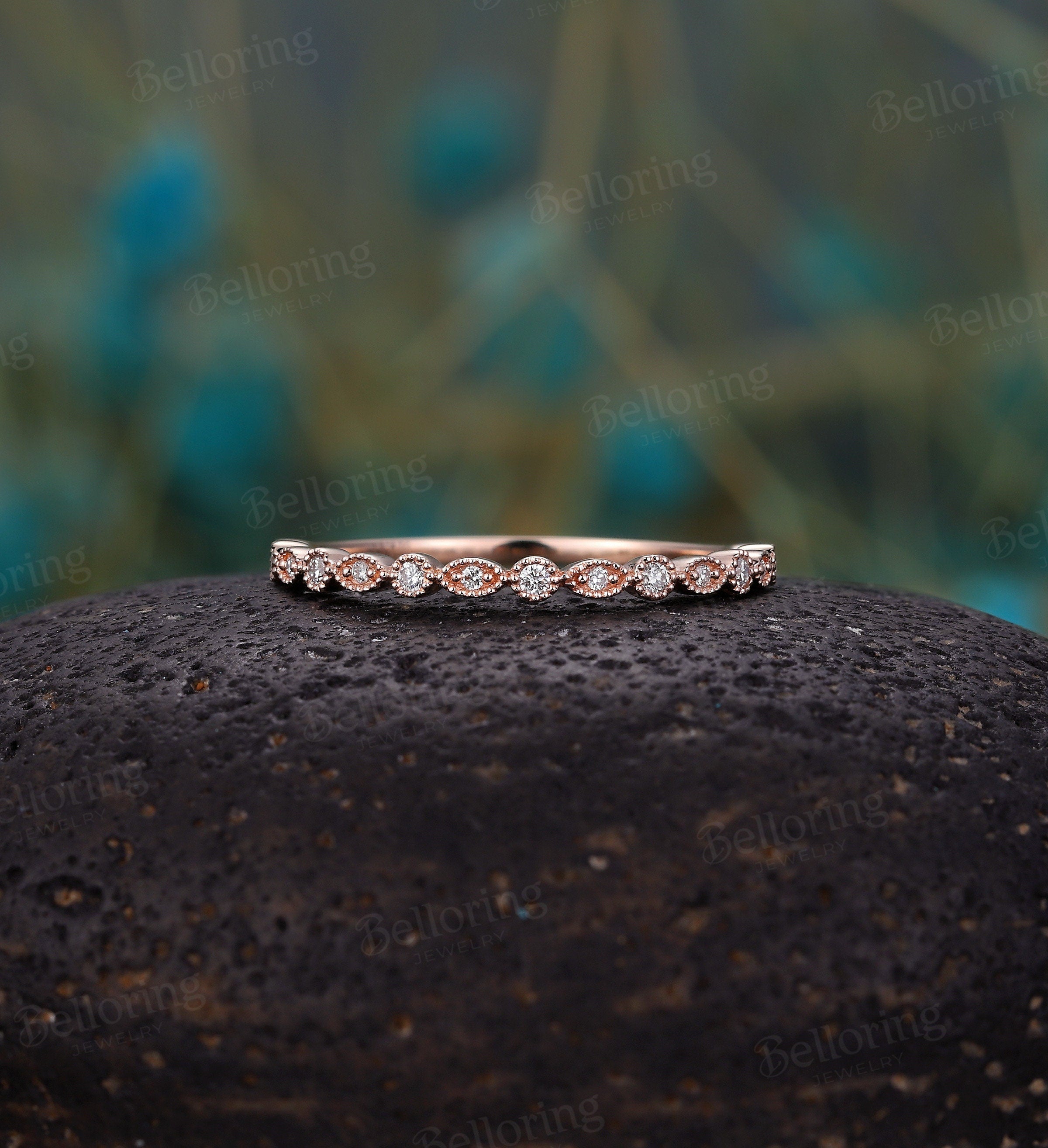 Art deco diamond ring vintage rose gold curved Halo wedding band  Half eternity  antique bridal set Promise Matching band