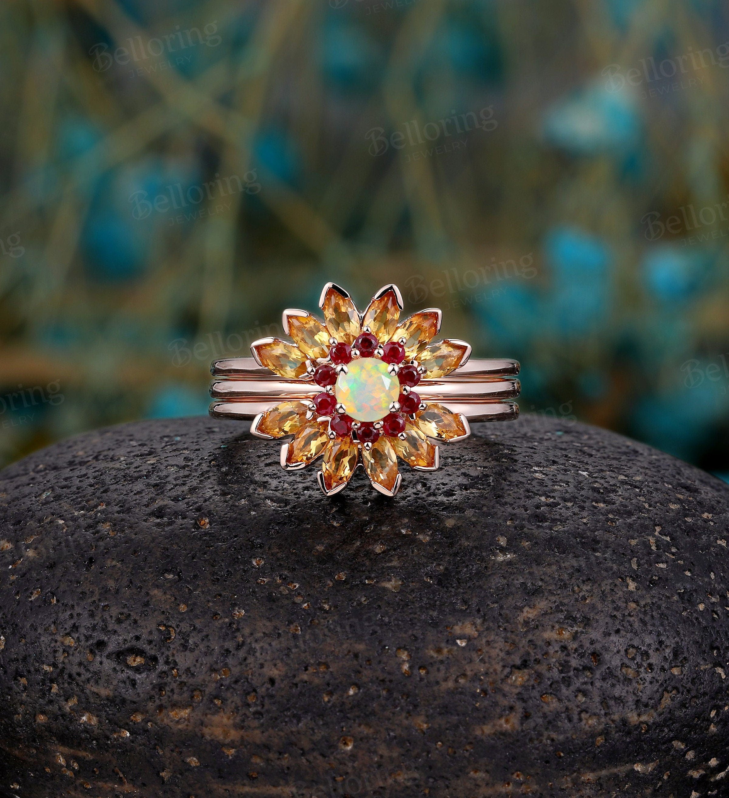 Ethiopian Opal engagement ring set,Marquise cut citrine wedding band,Vintage rose gold flower wedding ring,Art deco ruby ring set