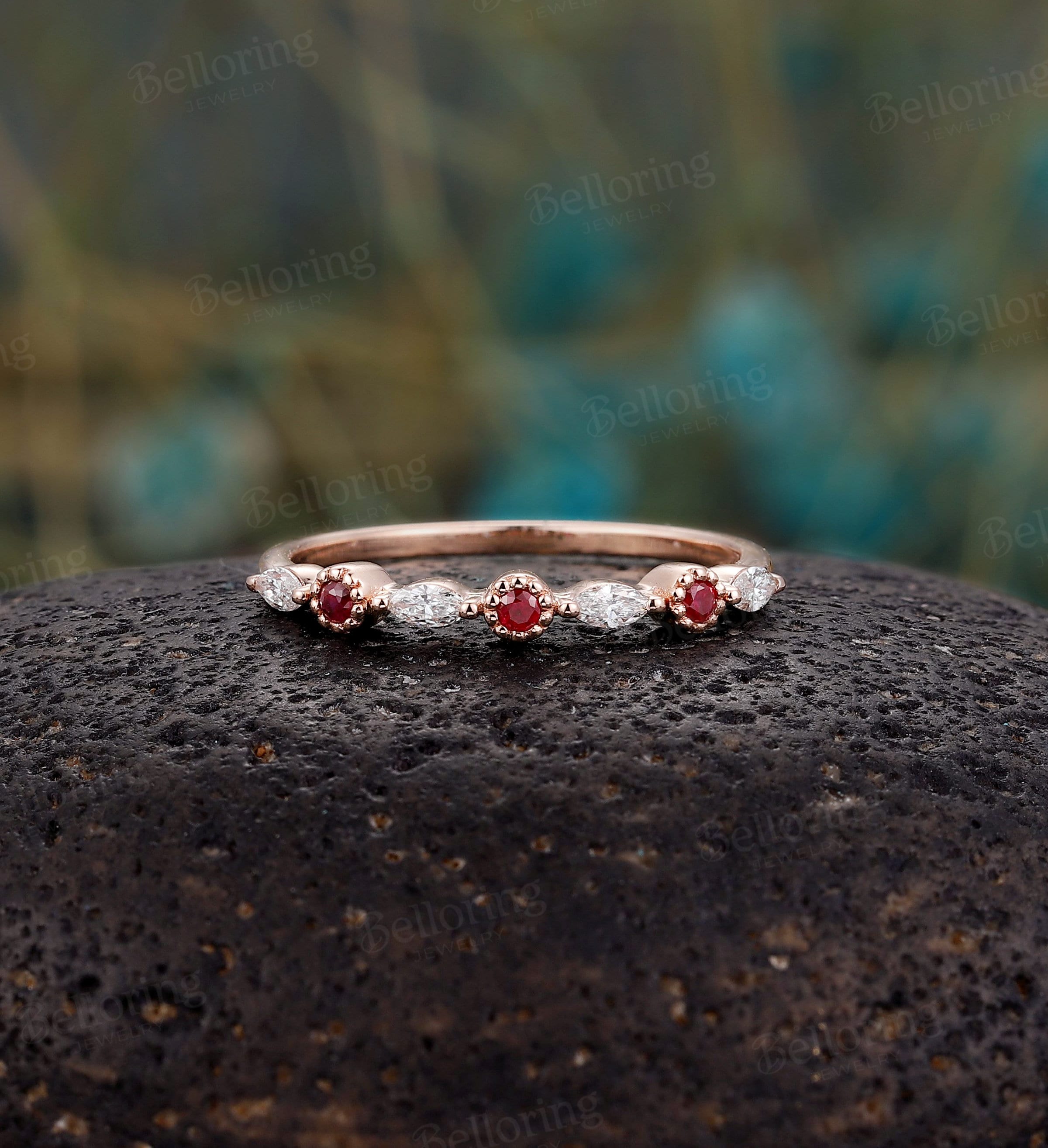 Half eternity Moissanite/Diamond wedding band, vintage rose gold ruby wedding ring, milgrain unique bridal ring,Promise Matching band