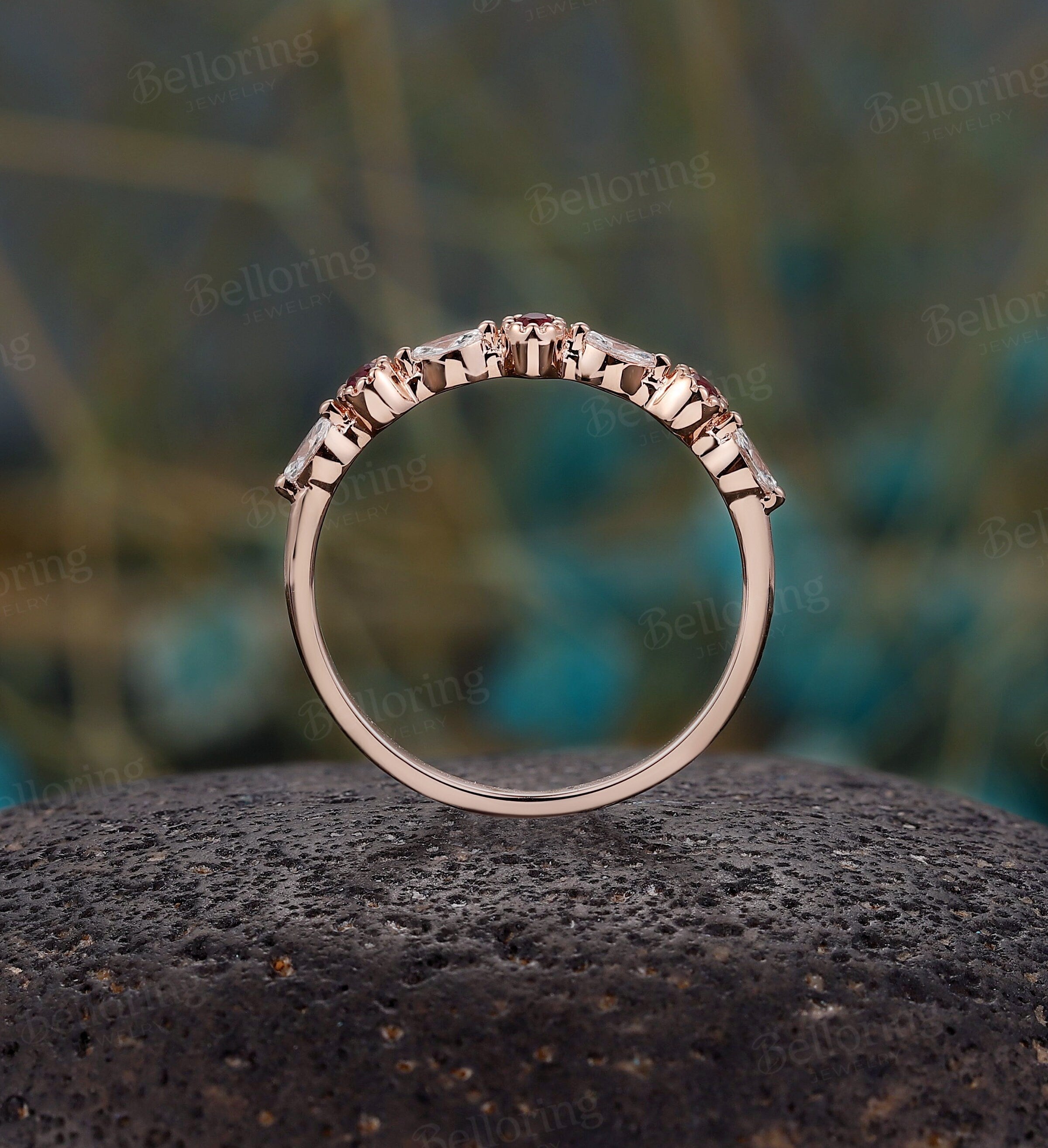 Half eternity Moissanite/Diamond wedding band, vintage rose gold ruby wedding ring, milgrain unique bridal ring,Promise Matching band