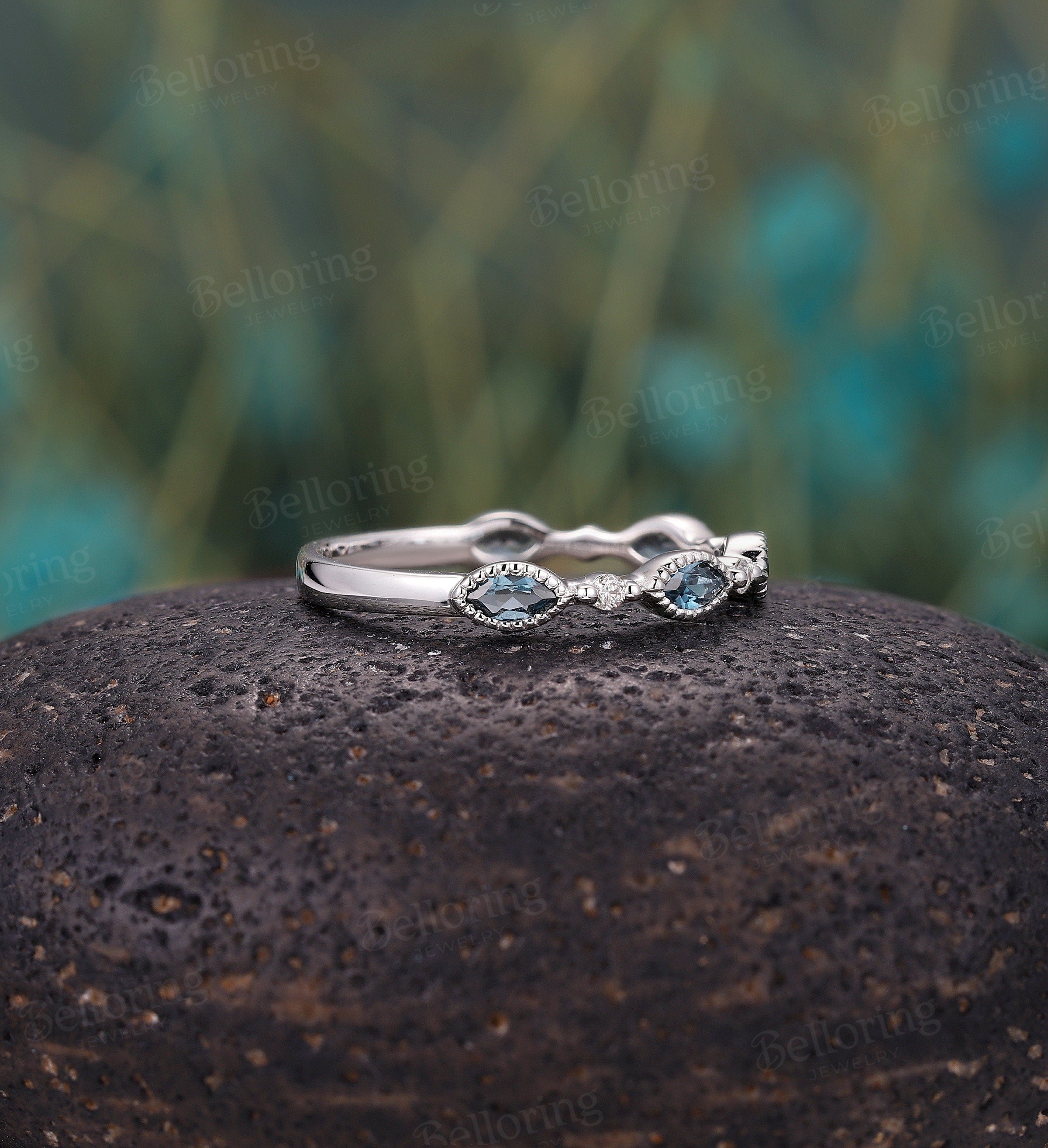 Half eternity Moissanite/Diamond wedding band, vintage white gold London blue topaz wedding ring, milgrain unique bridal ring, Matching band