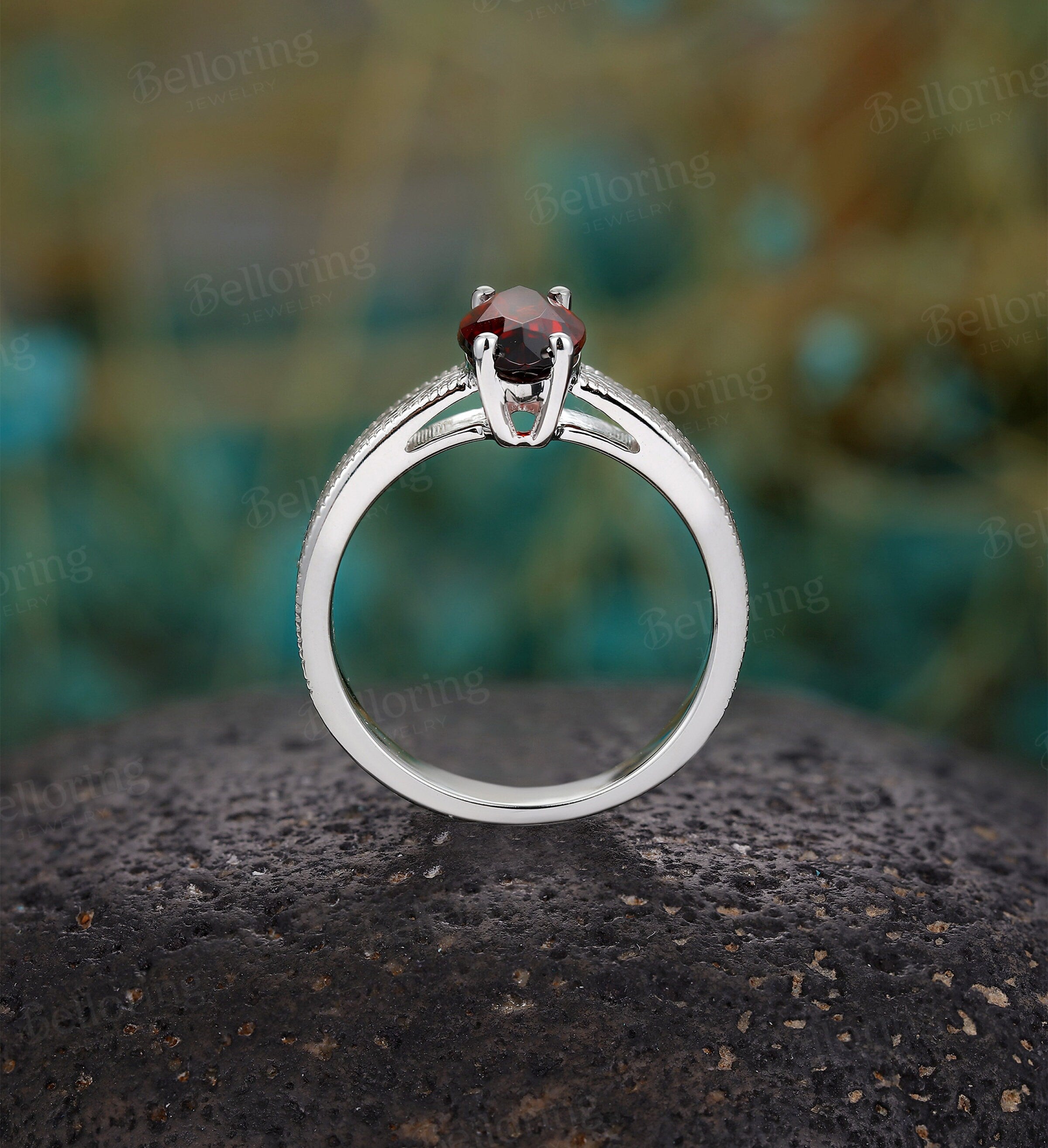 Marquise Garnet engagement ring, vintage white gold solitaire wedding ring, unique prong set bridal ring, promise engraved anniversary ring