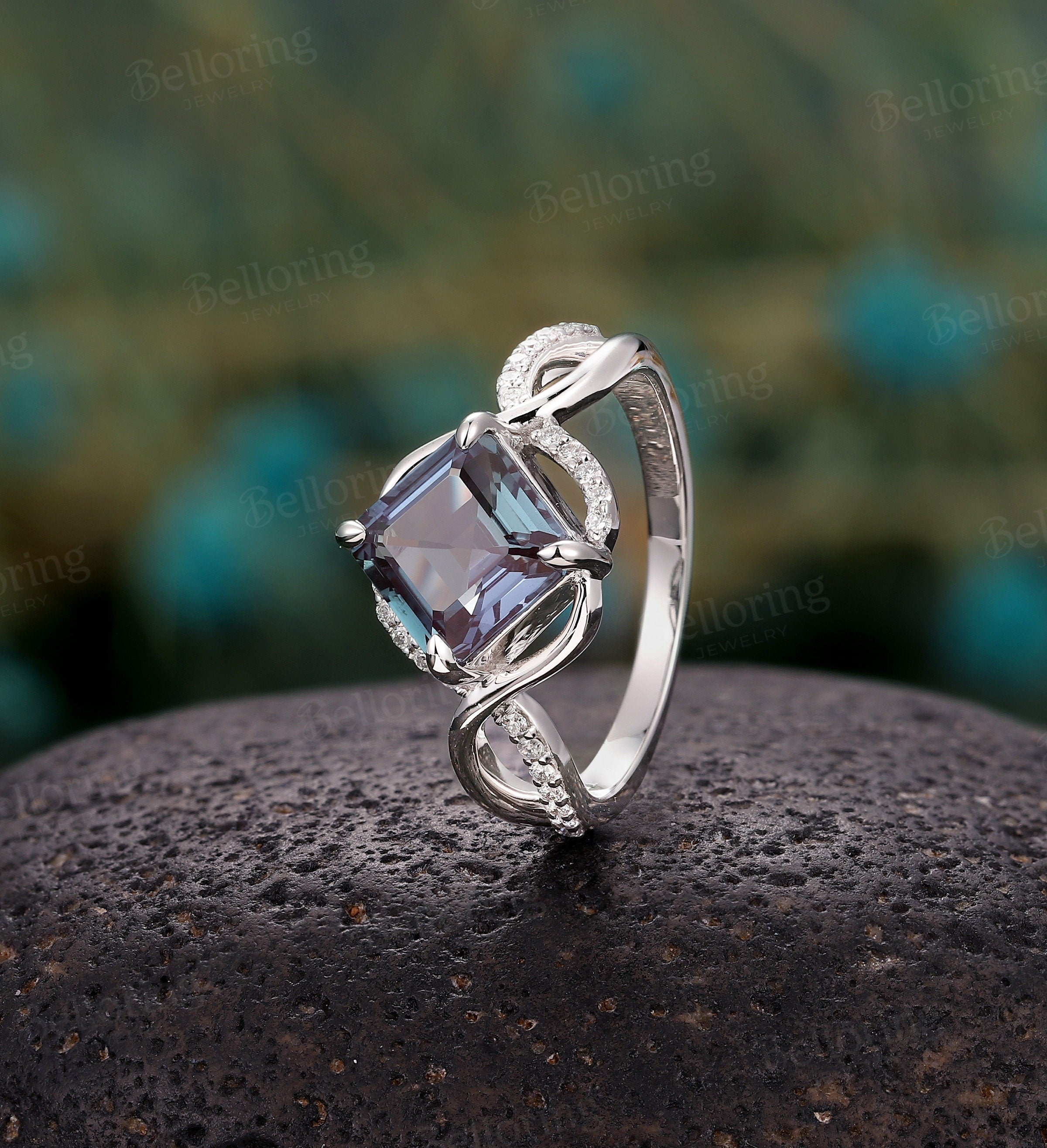 Asscher cut Alexandrite engagement ring, Vintage diamond/Moissanite white gold Unique wedding ring, Art deco twisted band Anniversary ring