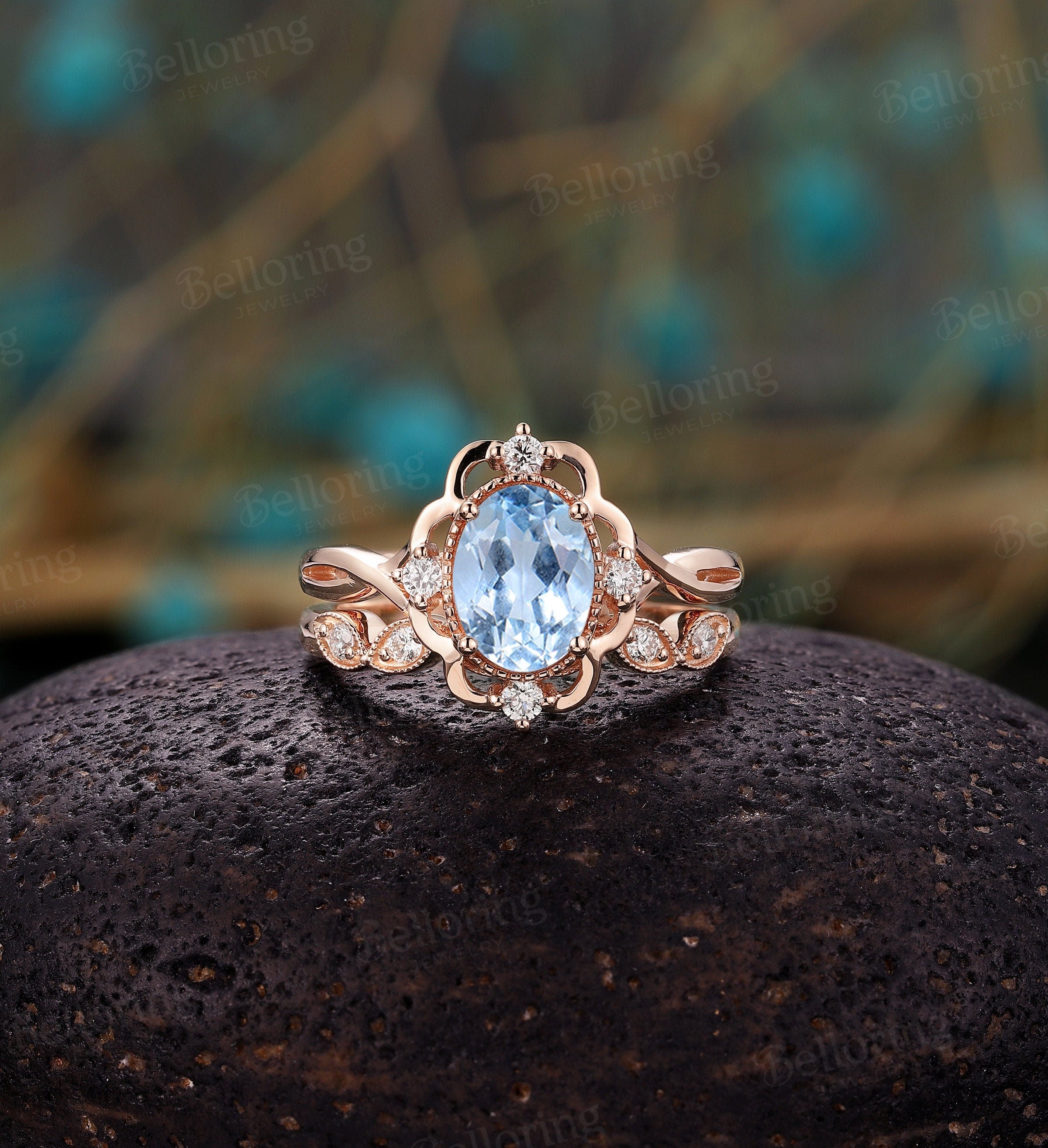 Aquamarine engagement ring vintage Rose gold  oval cut Antique Delicate diamond Half eternity Wedding  Promise Anniversary wedding ring