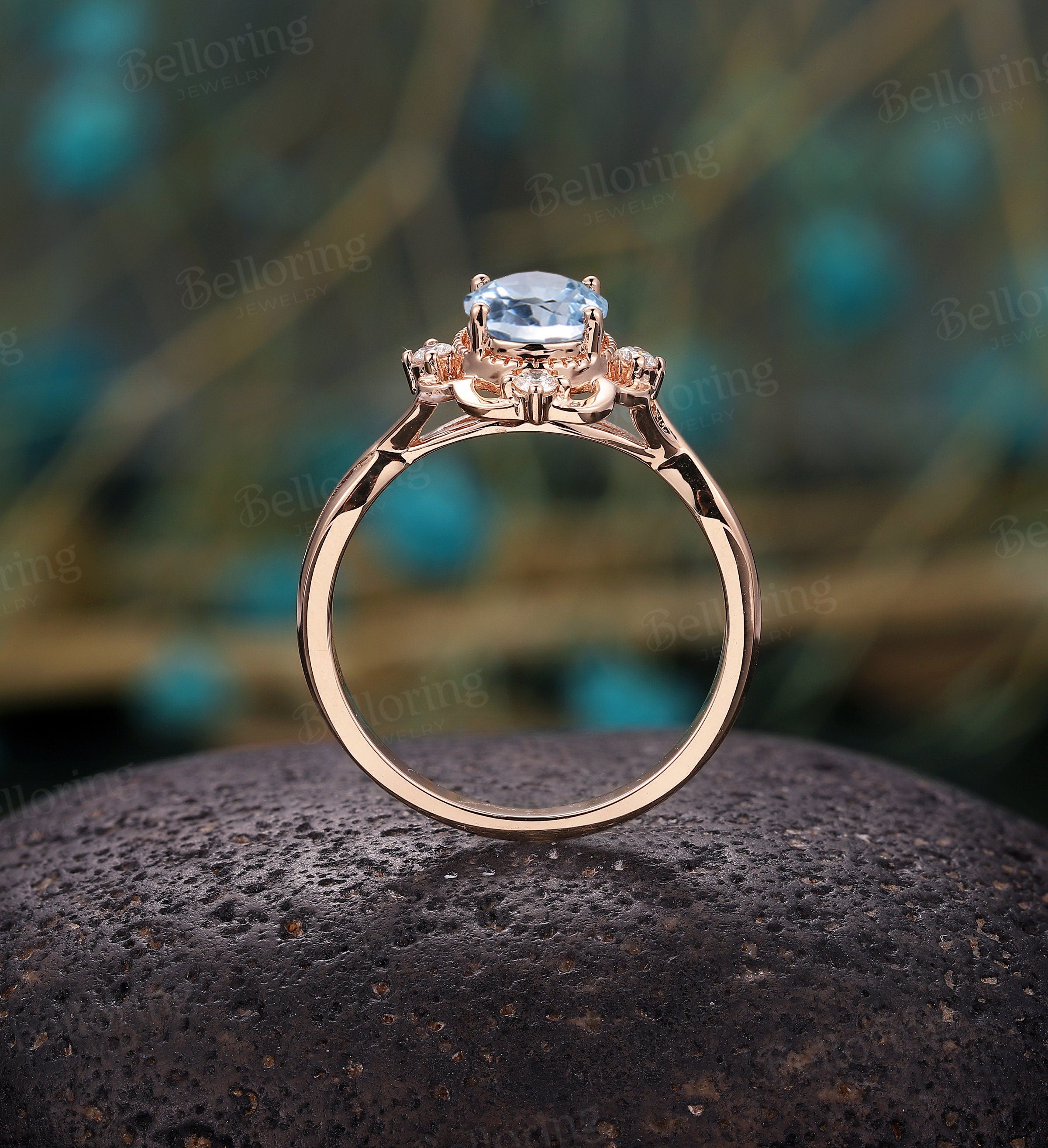 Aquamarine engagement ring vintage Rose gold  oval cut Antique Delicate diamond Half eternity Wedding  Promise Anniversary wedding ring