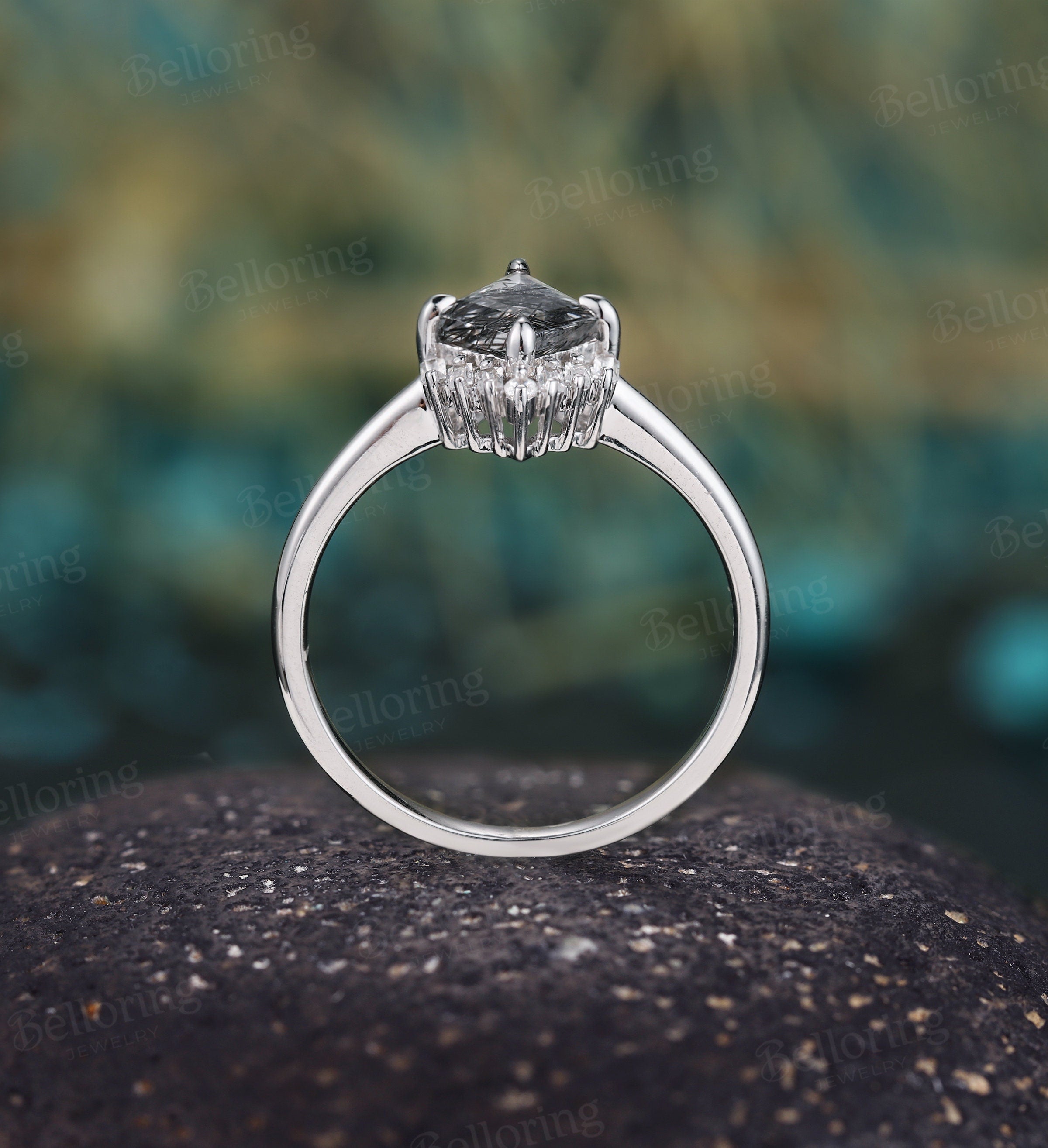 Kite shaped Black Rutilated Quartz engagement ring, vintage unique diamond white gold ring, baguette art deco anniversary bridal ring