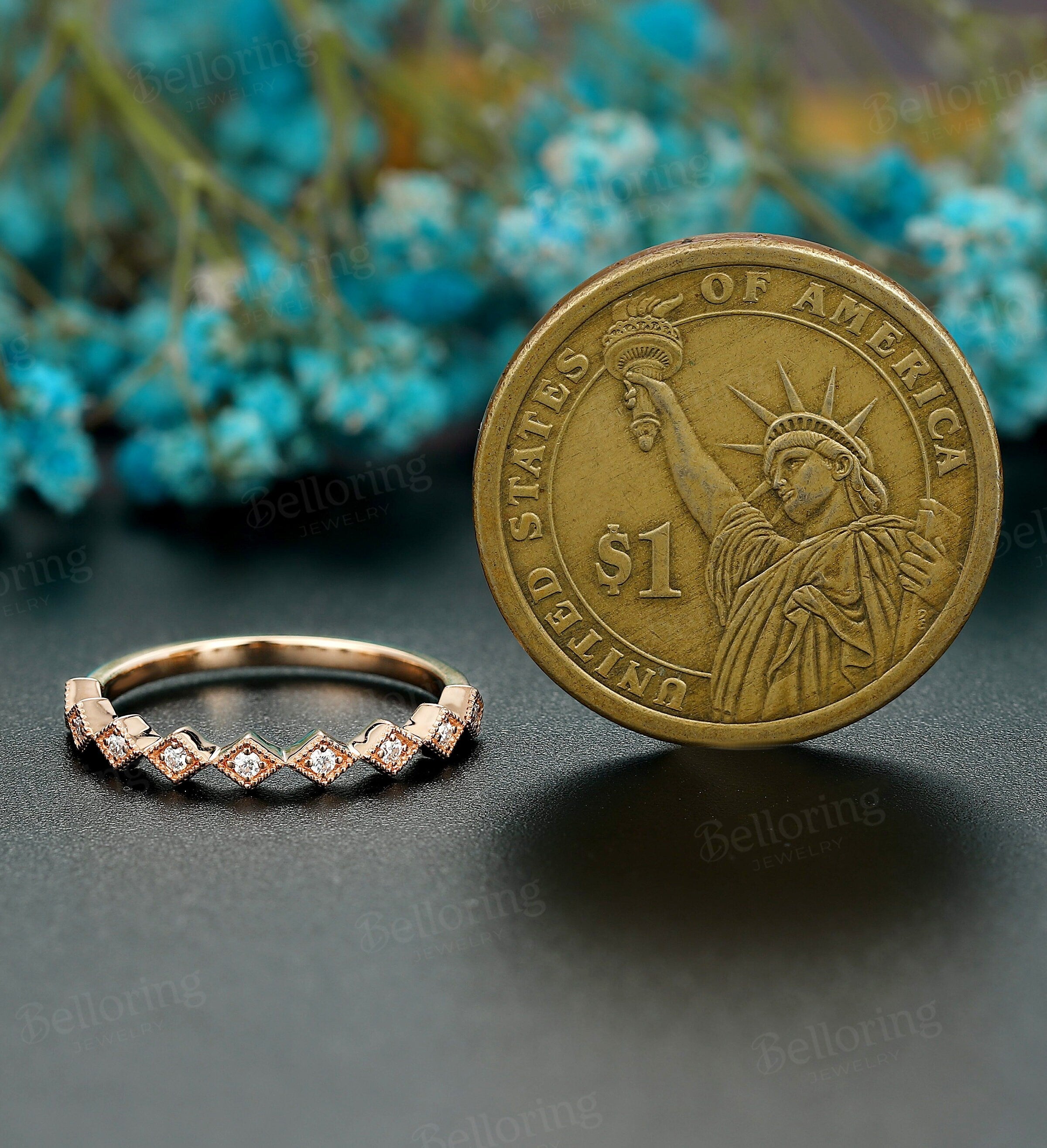 Art deco diamond/moissanite ring, vintage rose gold wedding band, antique Half eternity milgrain ring, dainty Promise Matching wedding ring