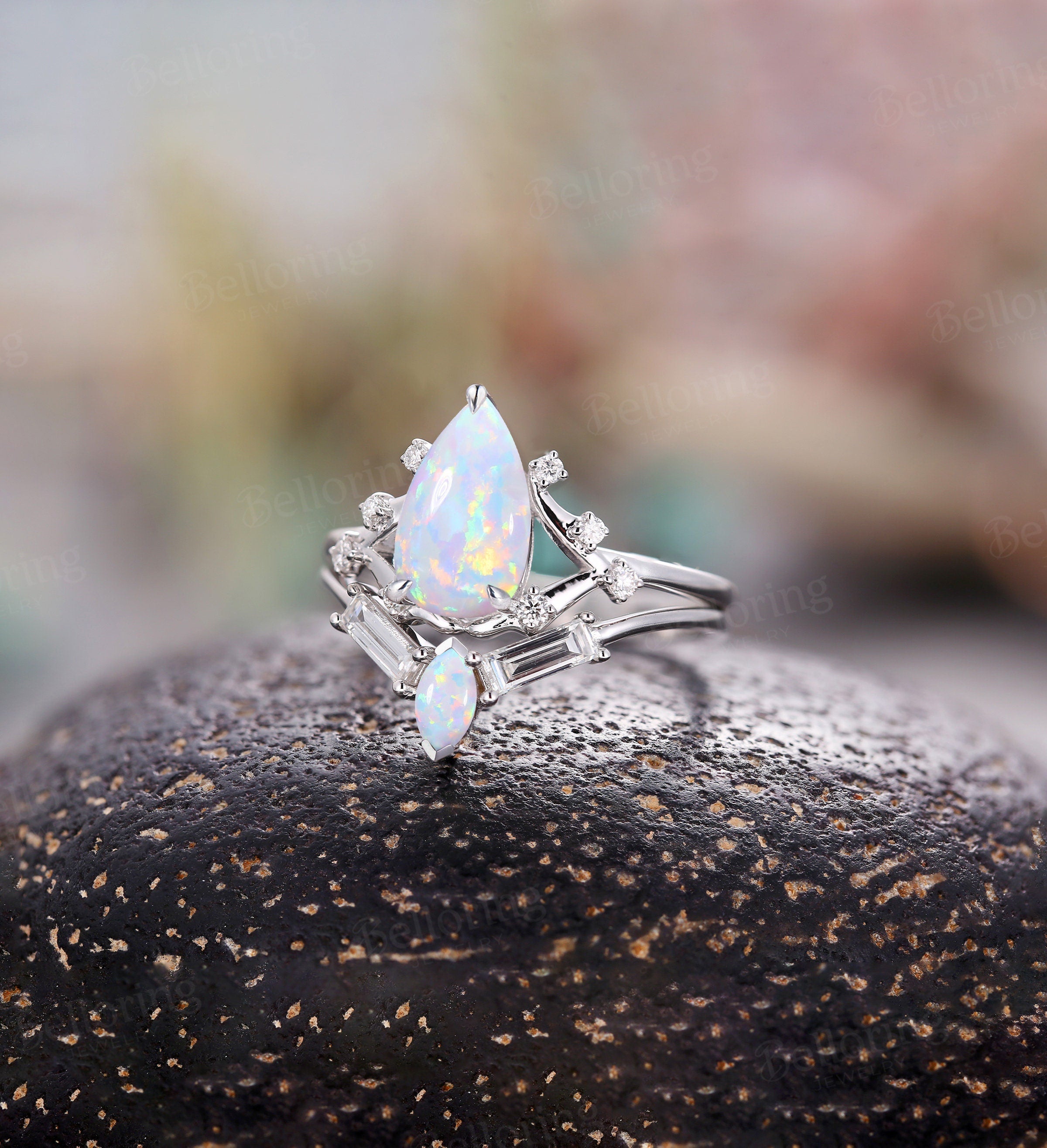 Lab created Opal pear shaped engagement ring set for , Marquise cut opal wedding band,baguette diamond unique wedding set promise ring