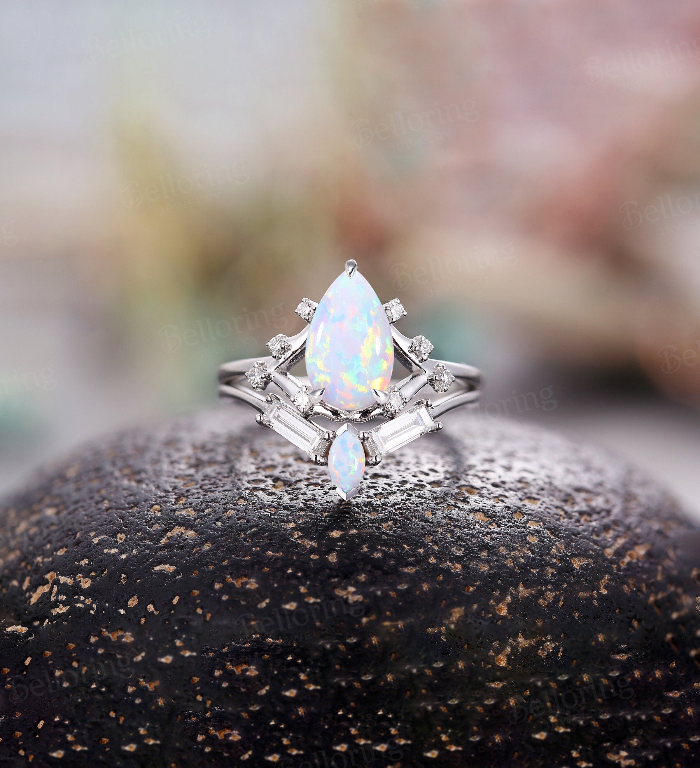 Lab created Opal pear shaped engagement ring set for , Marquise cut opal wedding band,baguette diamond unique wedding set promise ring