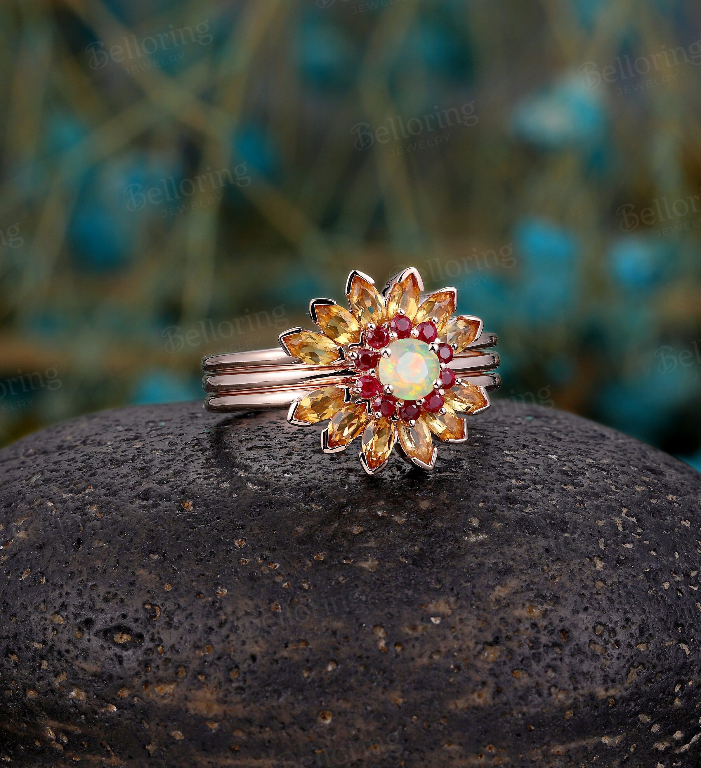 Ethiopian Opal engagement ring set,Marquise cut citrine wedding band,Vintage rose gold flower wedding ring,Art deco ruby ring set