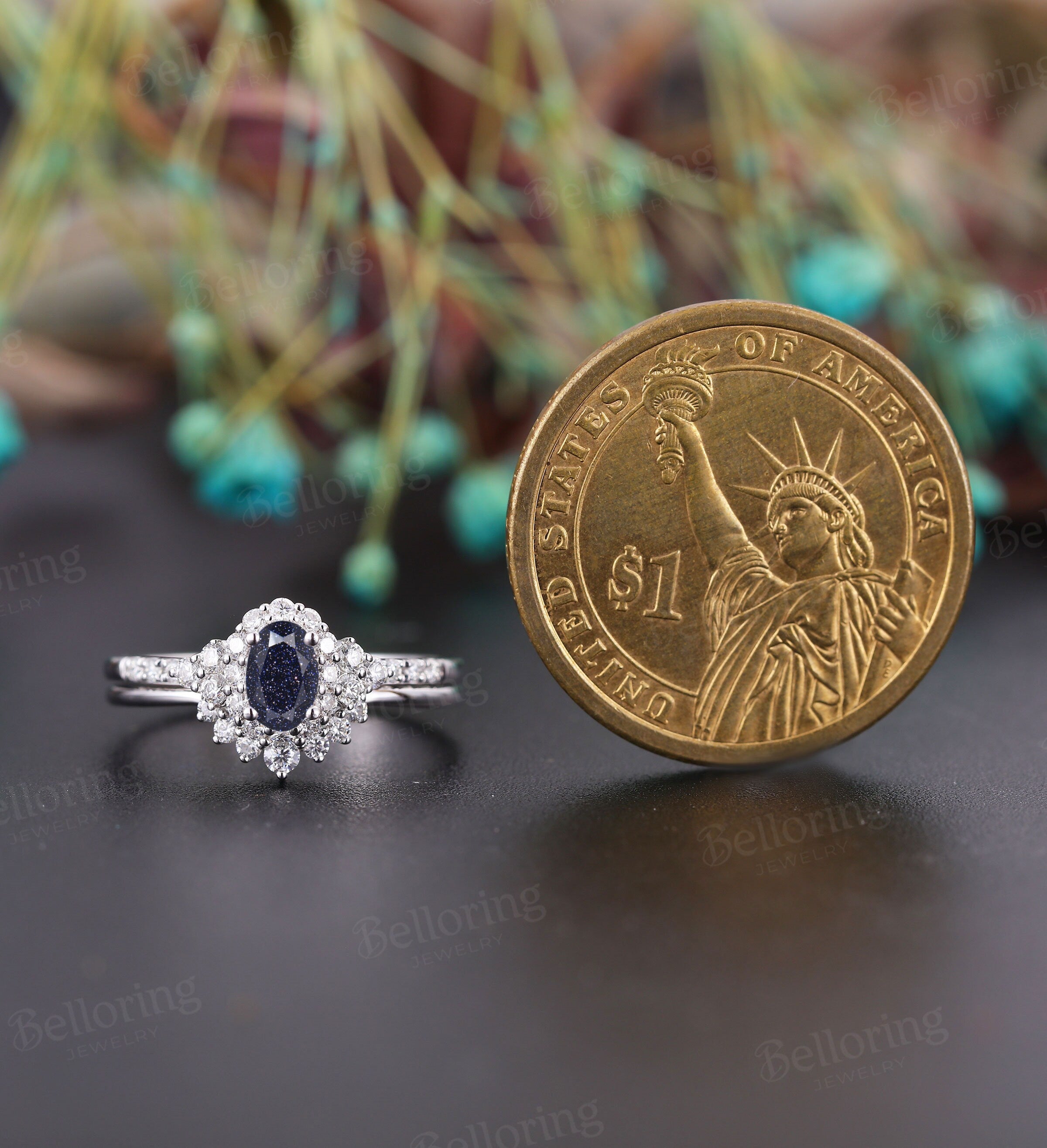 Blue Sandstone engagement ring set,Vintage oval shaped halo diamond ring, Art deco white gold Unique bridal promise Anniversary wedding ring