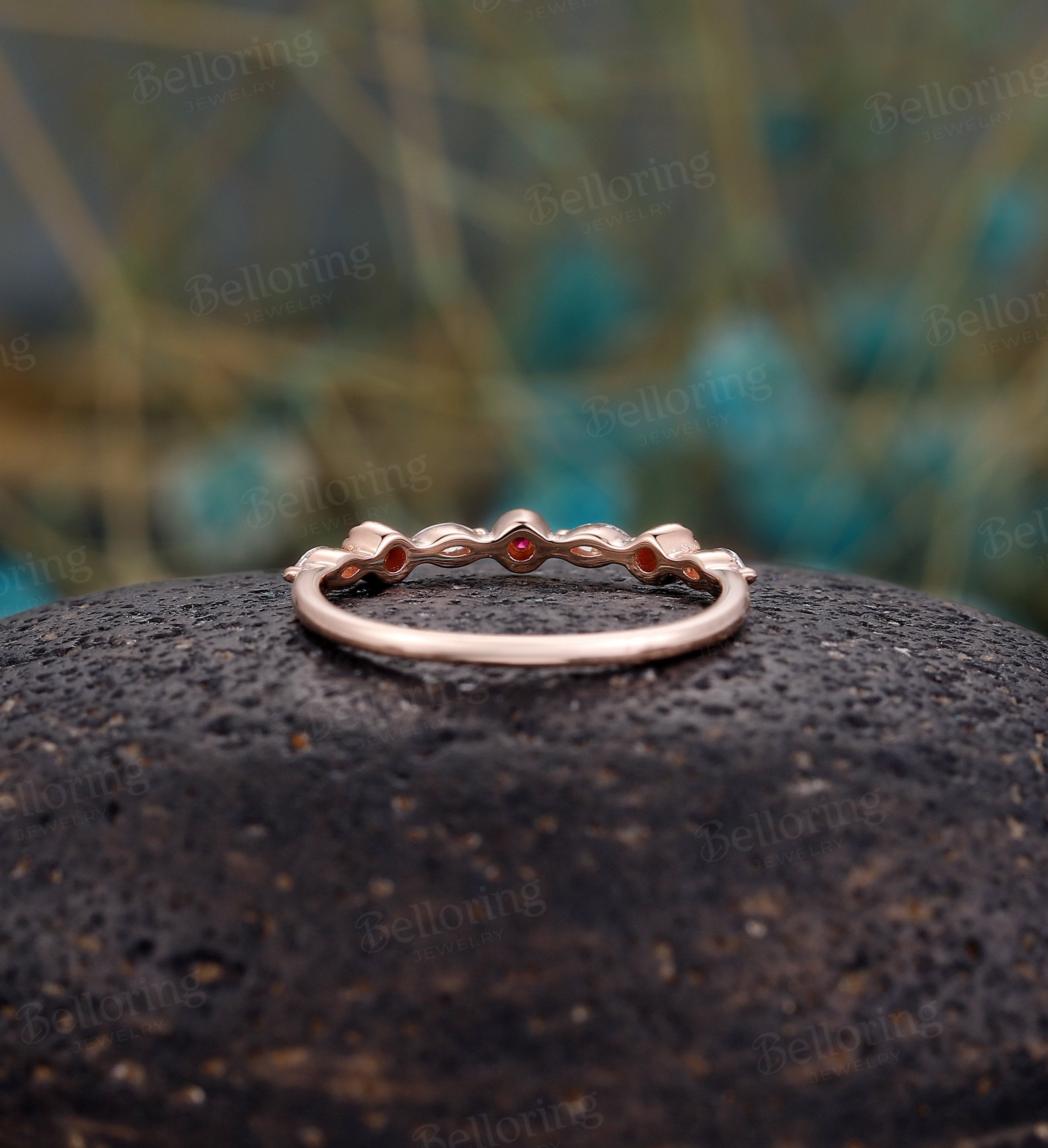 Half eternity Moissanite/Diamond wedding band, vintage rose gold ruby wedding ring, milgrain unique bridal ring,Promise Matching band