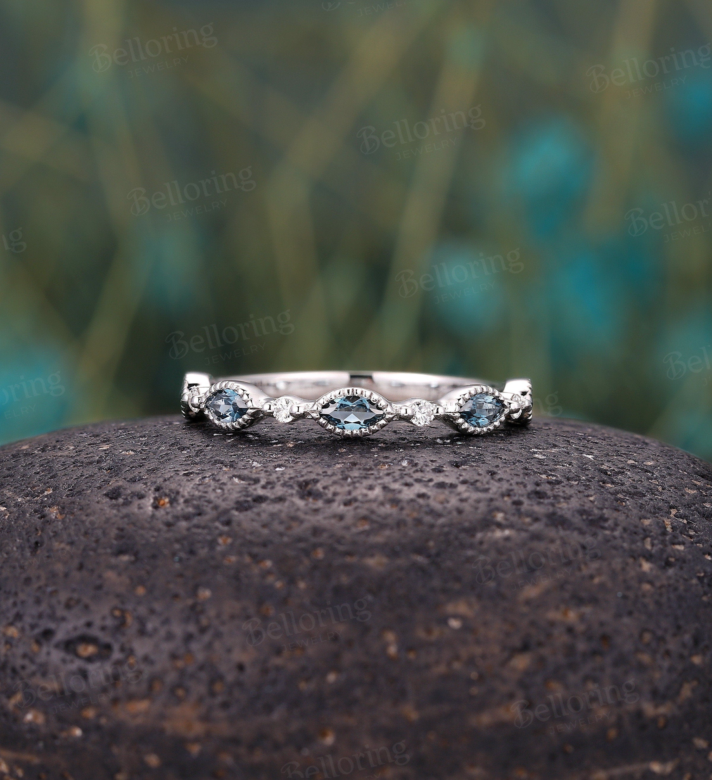 Half eternity Moissanite/Diamond wedding band, vintage white gold London blue topaz wedding ring, milgrain unique bridal ring, Matching band