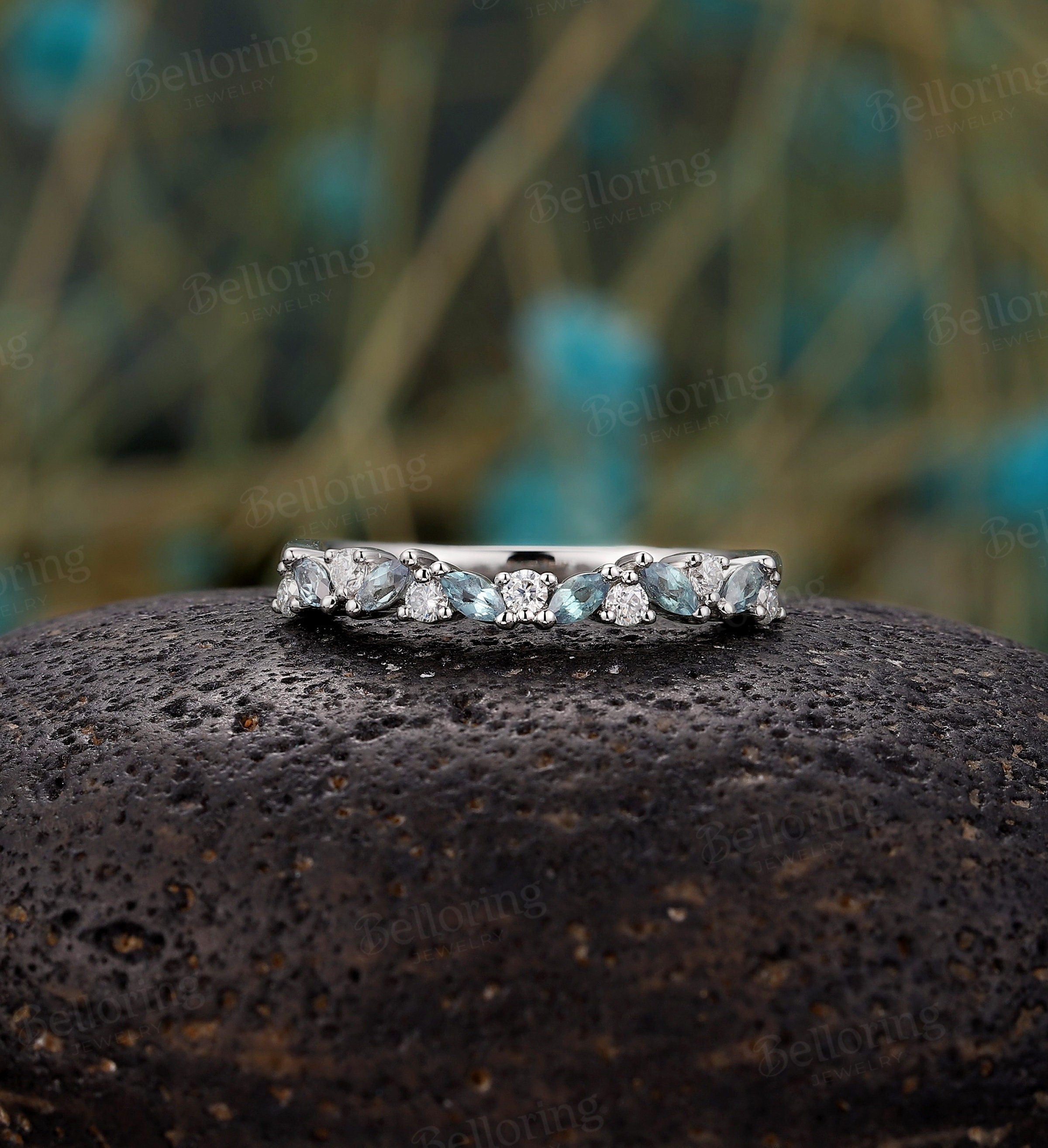 Half eternity Moissanite/Diamond wedding band, vintage white gold Lab alexandrite wedding ring, unique bridal ring, promise Matching band