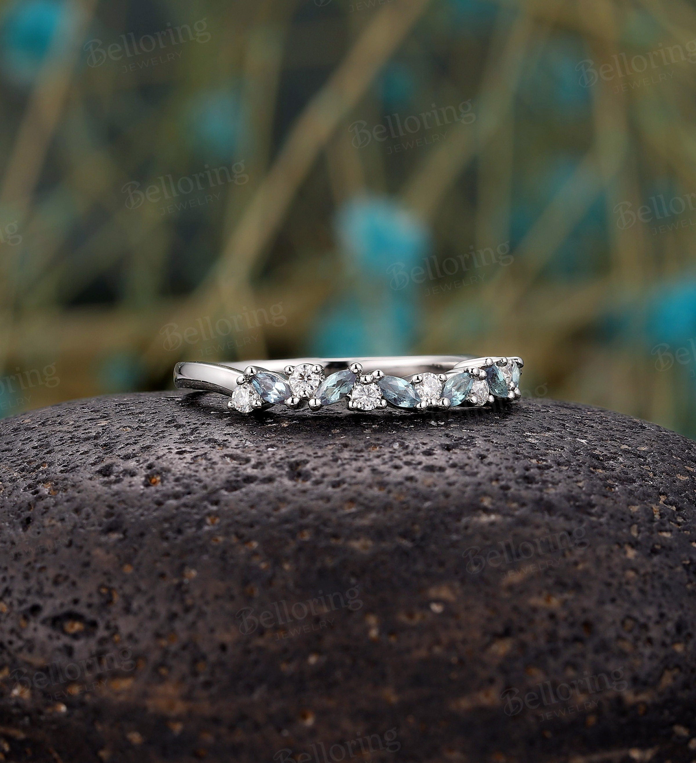 Half eternity Moissanite/Diamond wedding band, vintage white gold Lab alexandrite wedding ring, unique bridal ring, promise Matching band