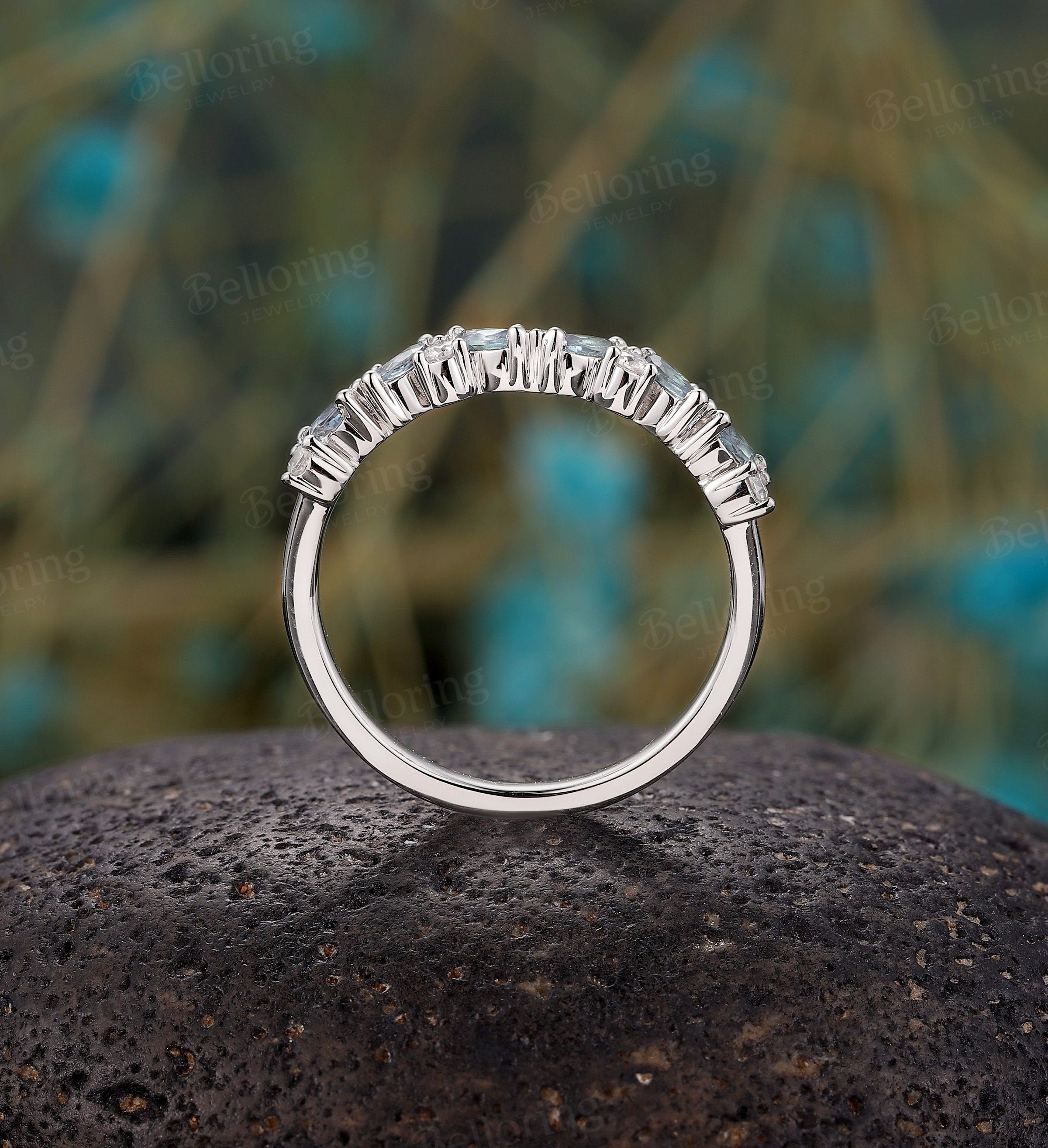 Half eternity Moissanite/Diamond wedding band, vintage white gold Lab alexandrite wedding ring, unique bridal ring, promise Matching band