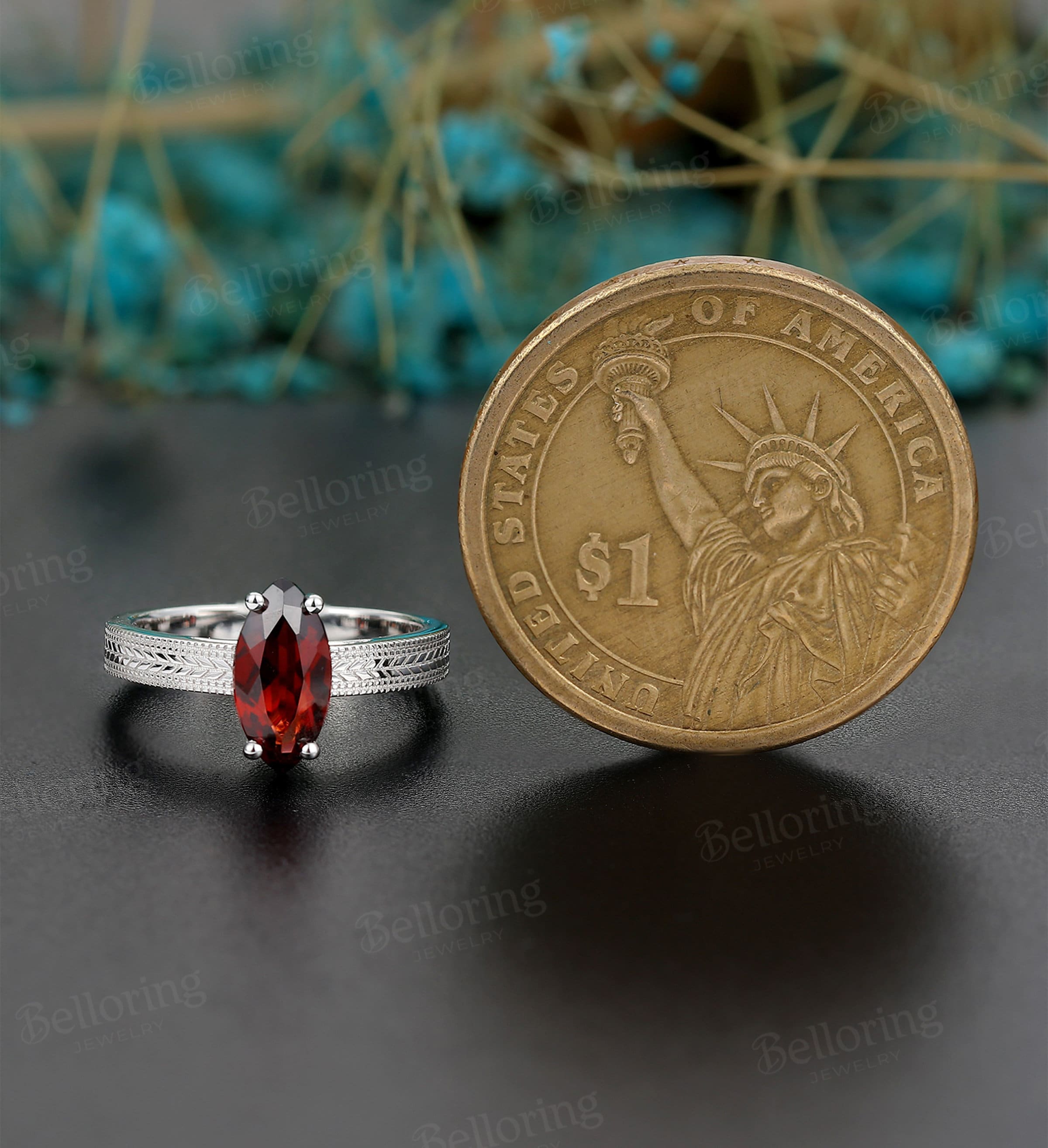 Marquise Garnet engagement ring, vintage white gold solitaire wedding ring, unique prong set bridal ring, promise engraved anniversary ring