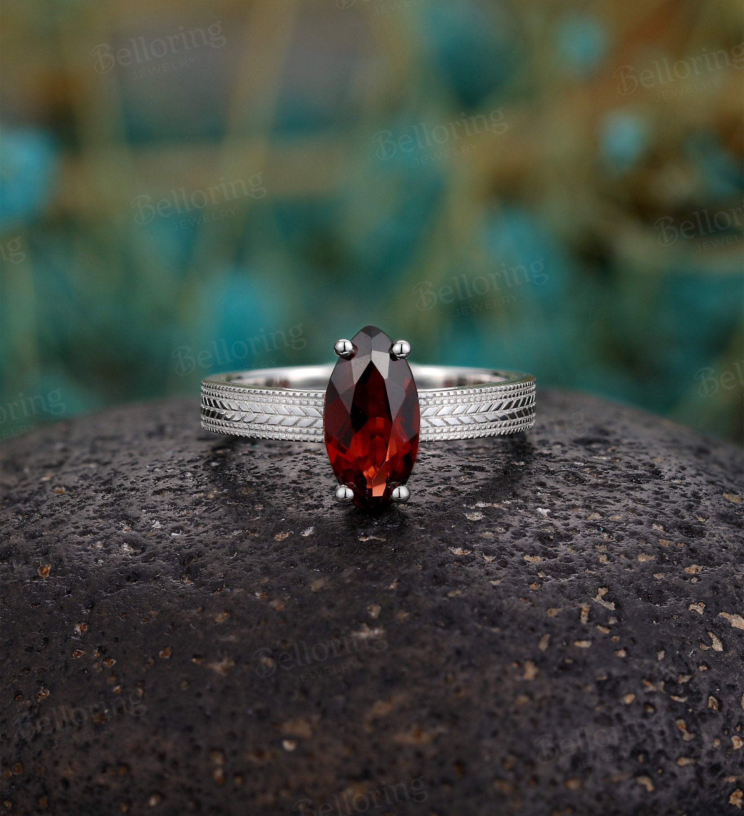 Marquise Garnet engagement ring, vintage white gold solitaire wedding ring, unique prong set bridal ring, promise engraved anniversary ring