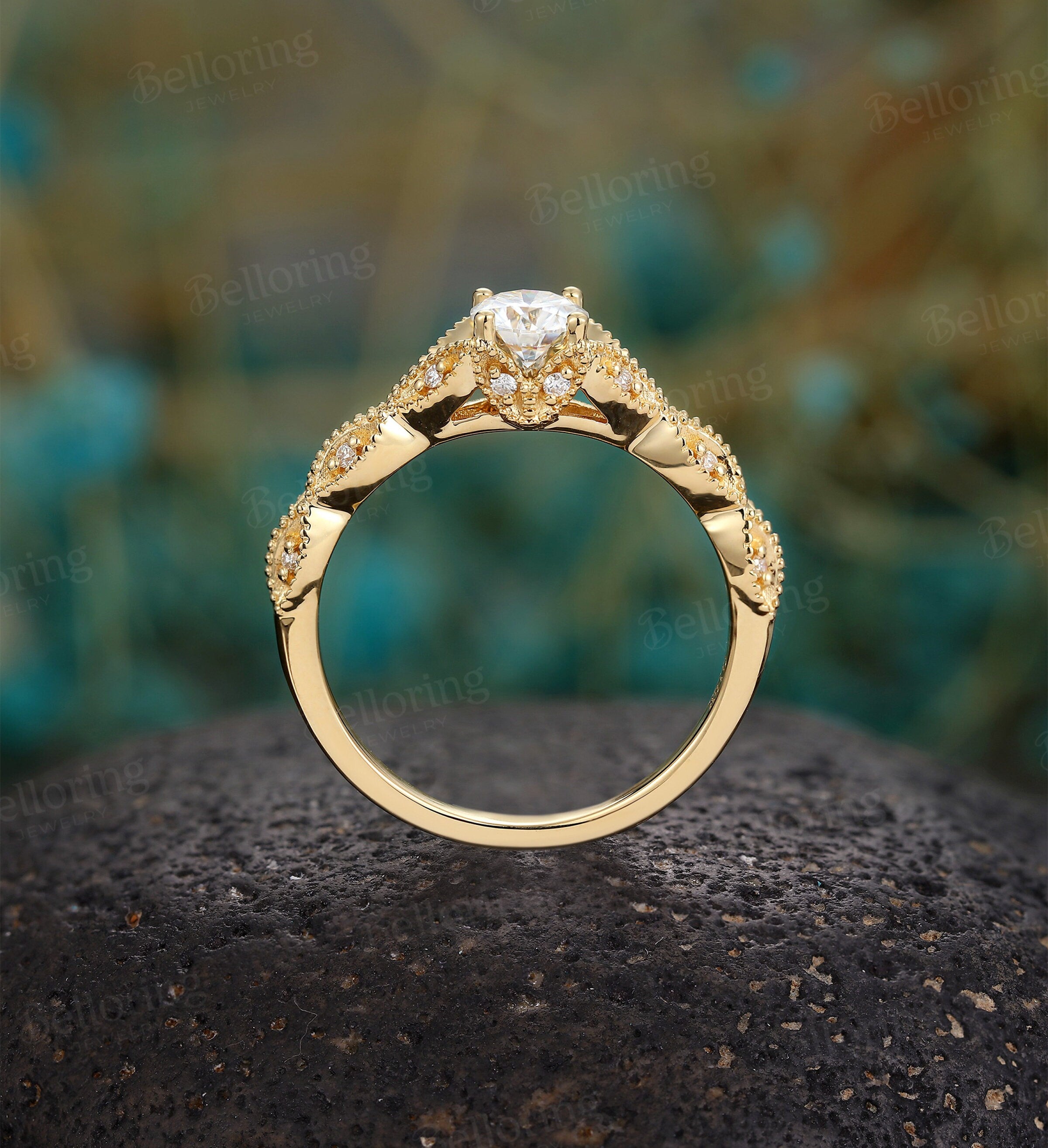 Moissanite engagement ring Vintage  Milgrain rose gold round cut diamond Art deco Unique wedding Jewelry promise Anniversary gift