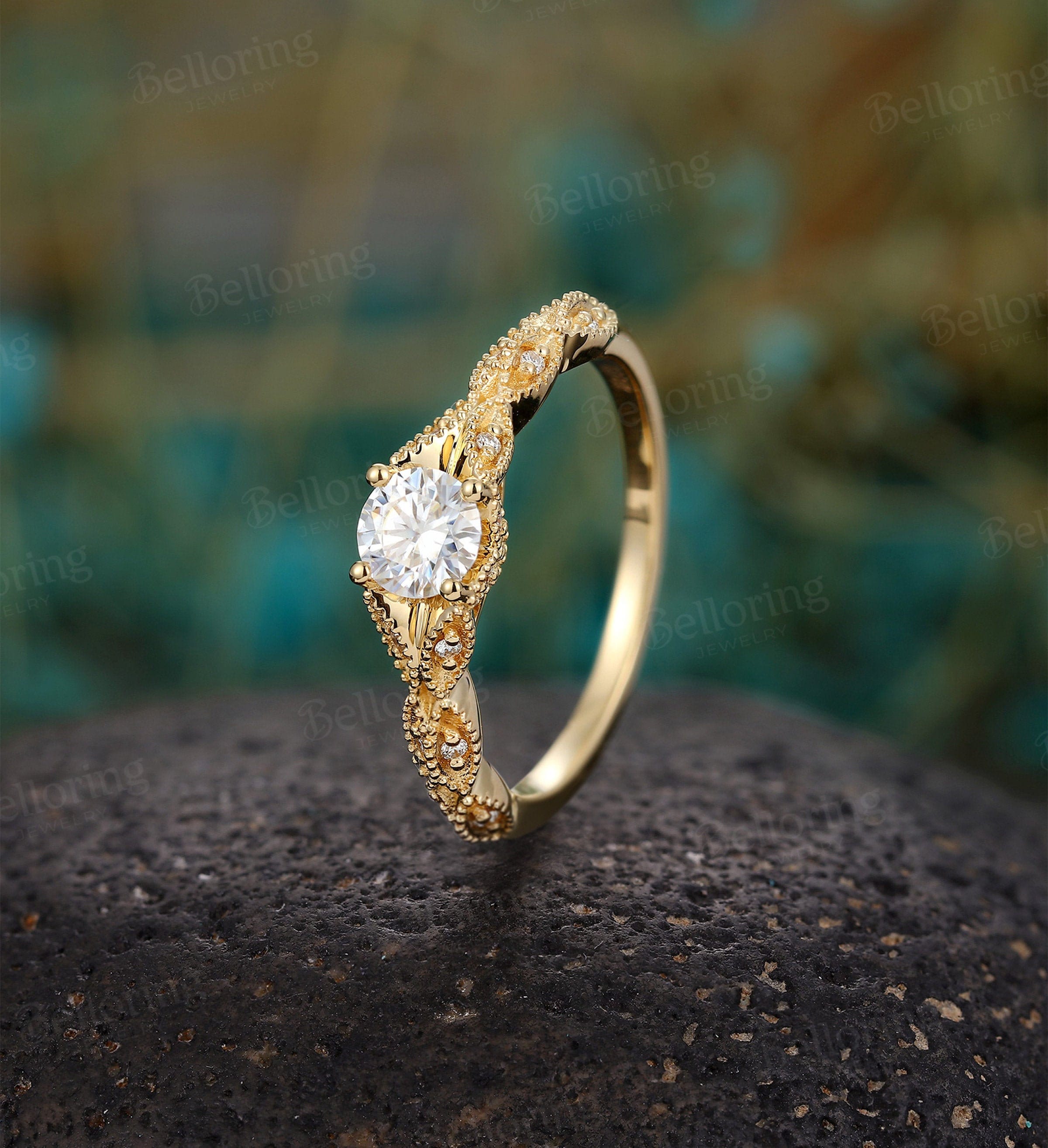 Moissanite engagement ring Vintage  Milgrain rose gold round cut diamond Art deco Unique wedding Jewelry promise Anniversary gift