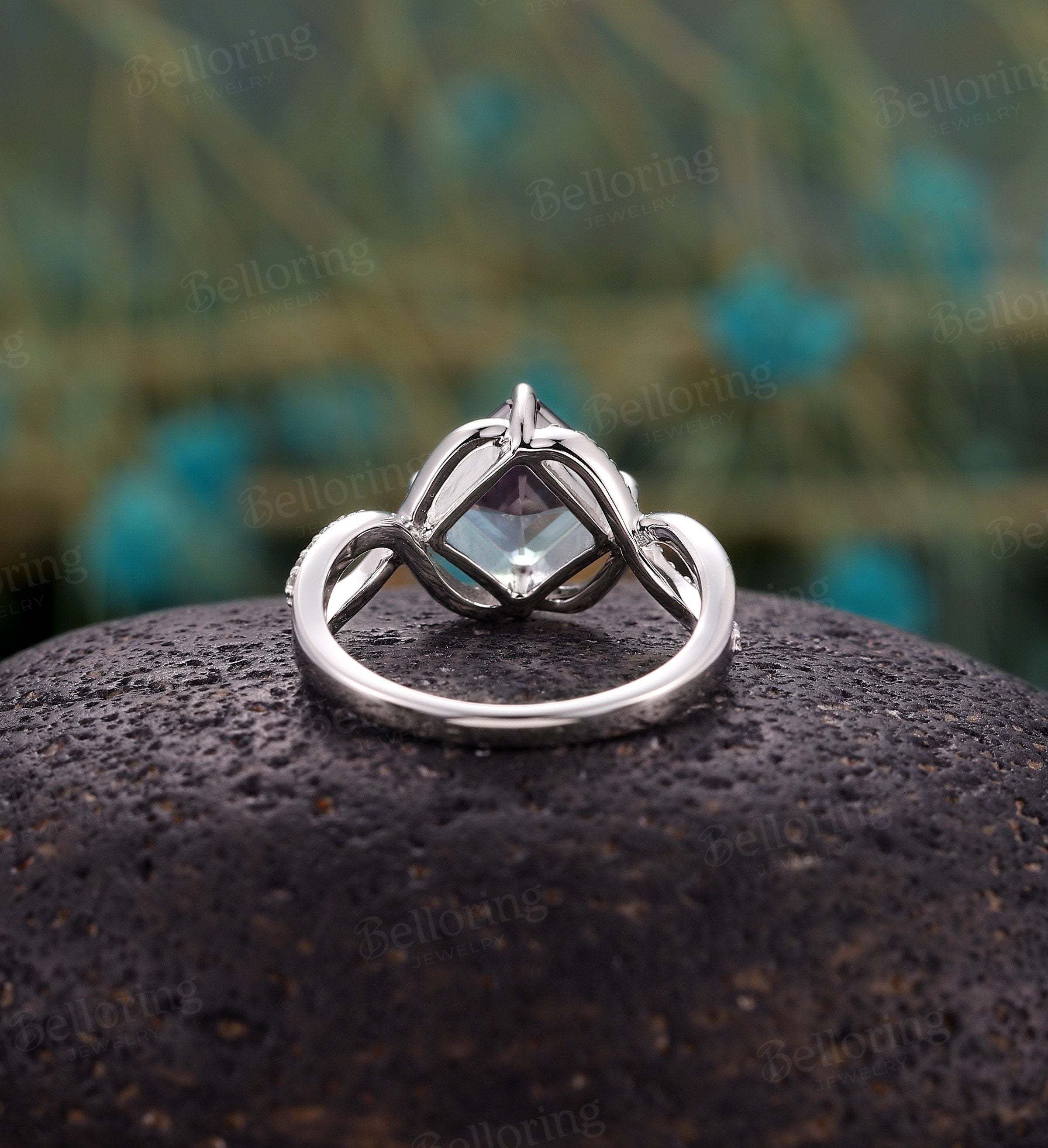 Asscher cut Alexandrite engagement ring, Vintage diamond/Moissanite white gold Unique wedding ring, Art deco twisted band Anniversary ring