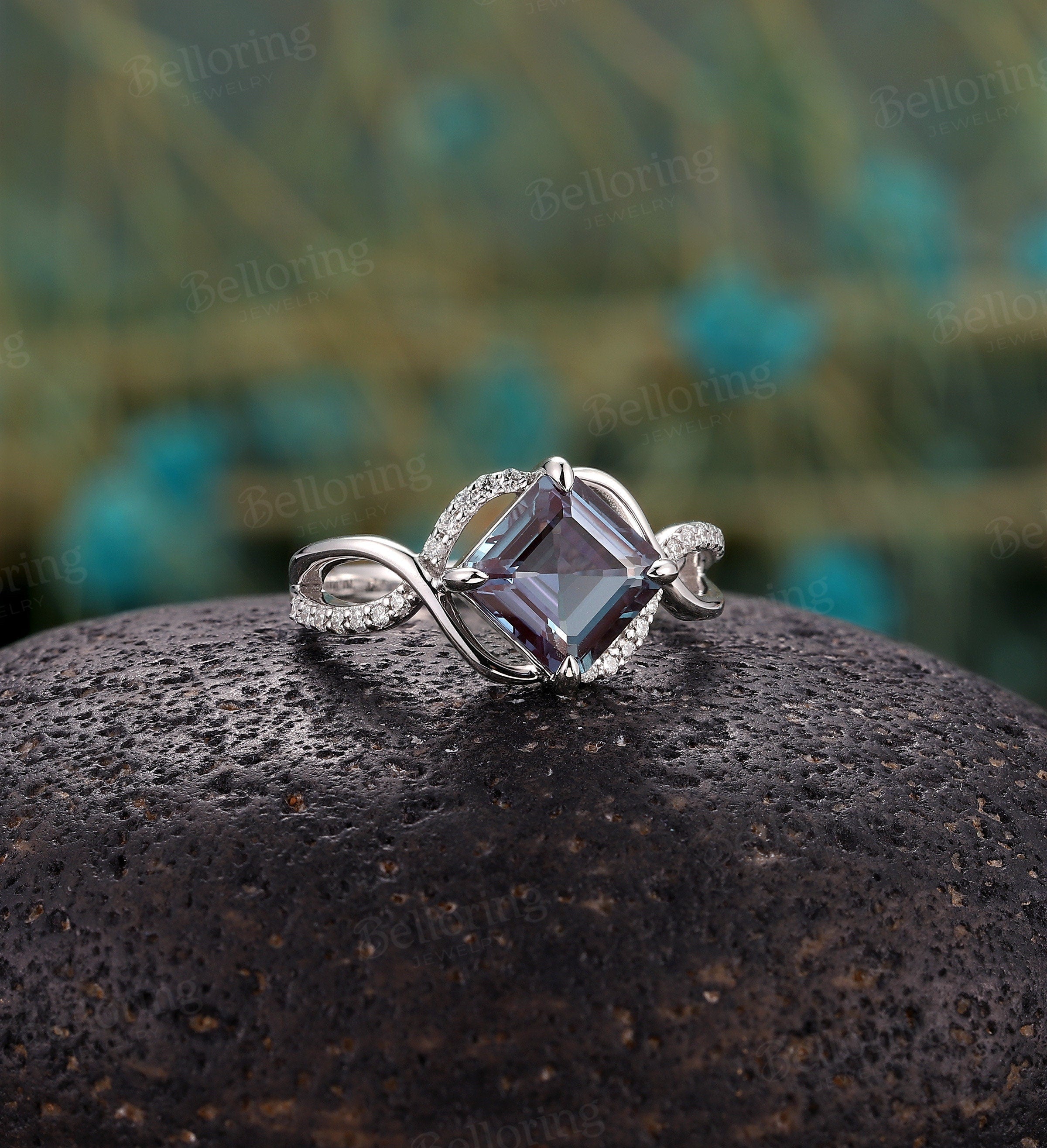 Asscher cut Alexandrite engagement ring, Vintage diamond/Moissanite white gold Unique wedding ring, Art deco twisted band Anniversary ring