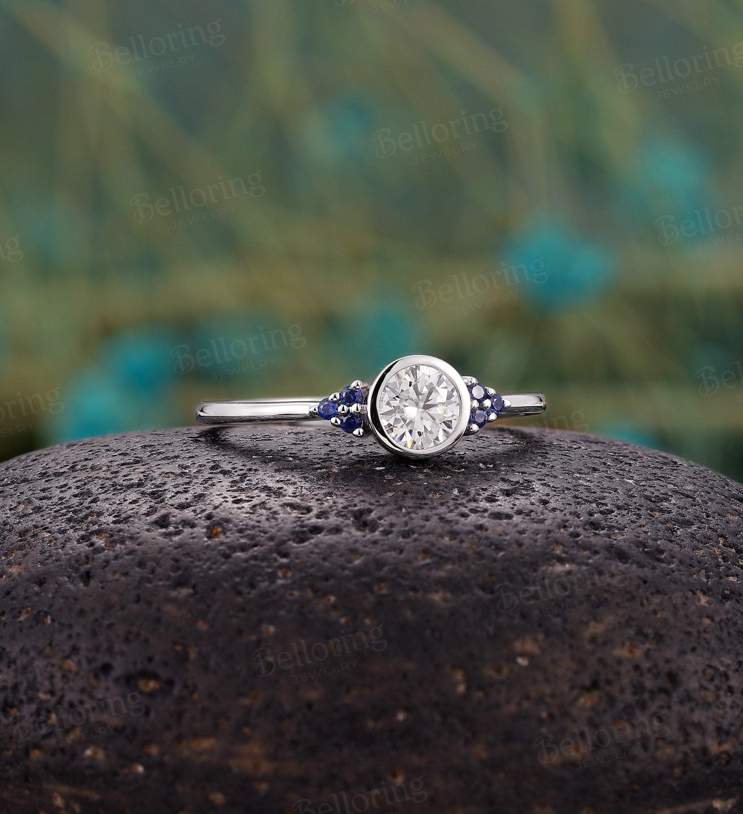 Art deco moissanite engagement ring, Vintage natural sapphire white gold promise ring, Unique Delicate wedding Bridal wedding ring