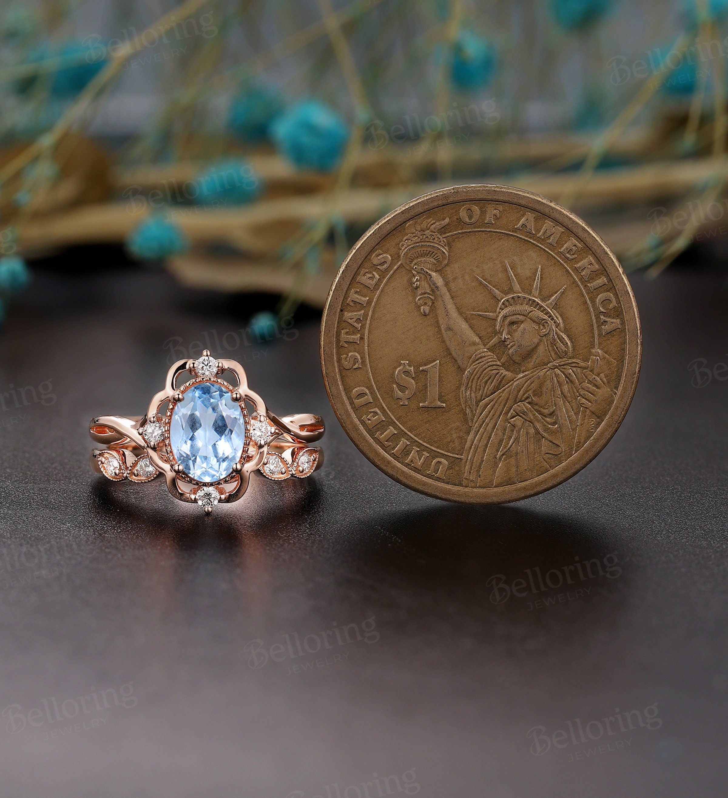 Aquamarine engagement ring vintage Rose gold  oval cut Antique Delicate diamond Half eternity Wedding  Promise Anniversary wedding ring