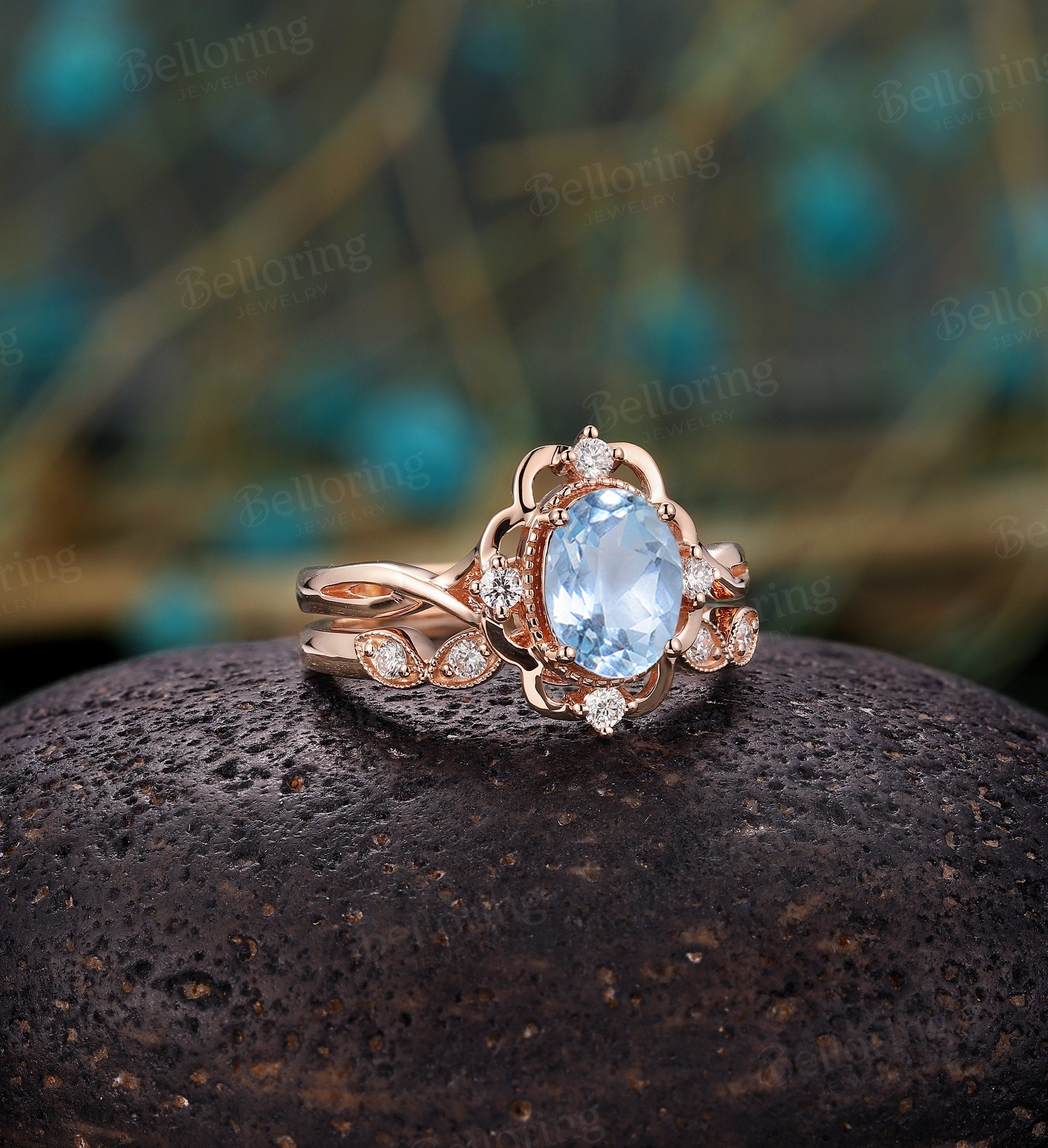 Aquamarine engagement ring vintage Rose gold  oval cut Antique Delicate diamond Half eternity Wedding  Promise Anniversary wedding ring