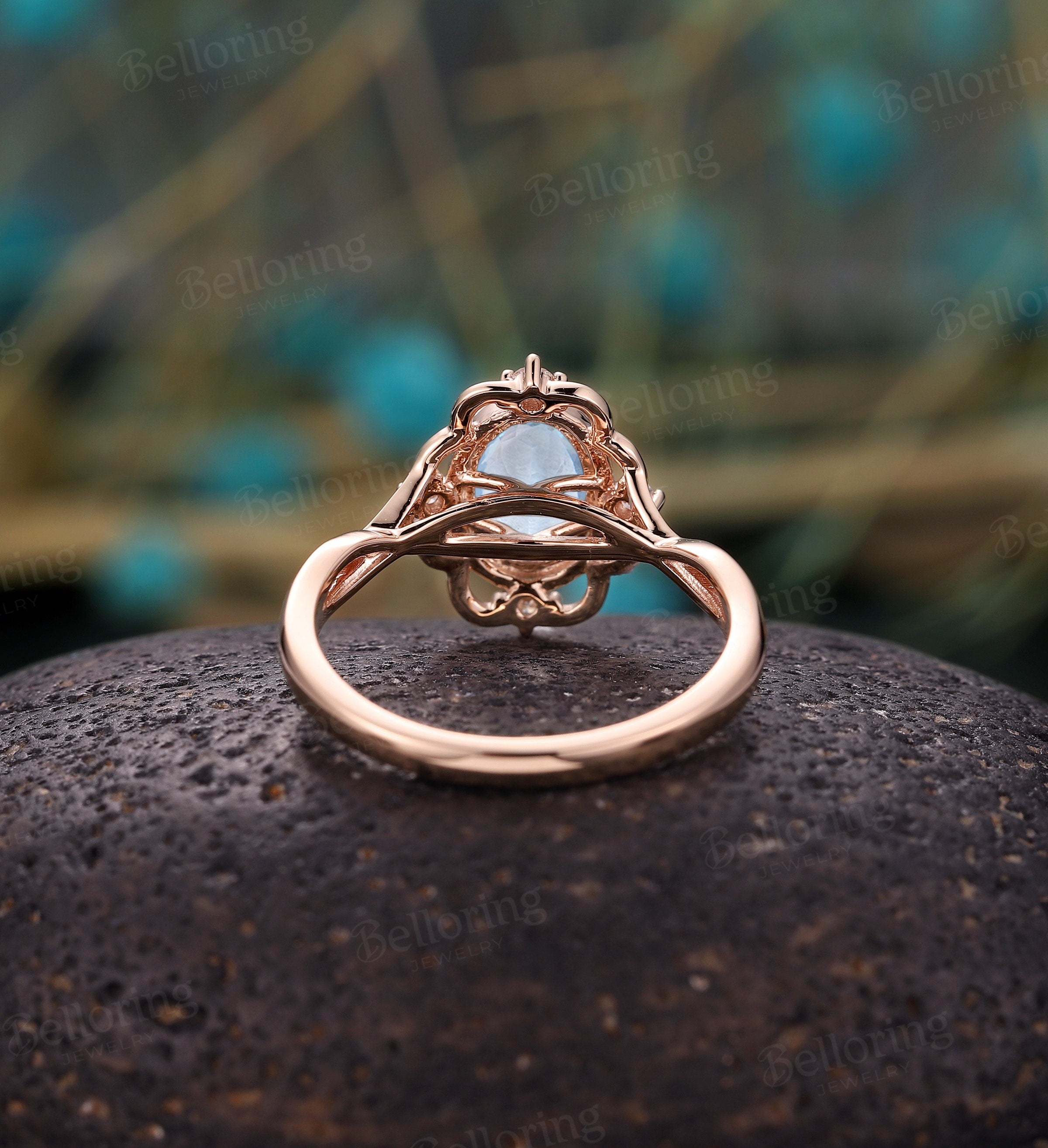 Aquamarine engagement ring vintage Rose gold  oval cut Antique Delicate diamond Half eternity Wedding  Promise Anniversary wedding ring