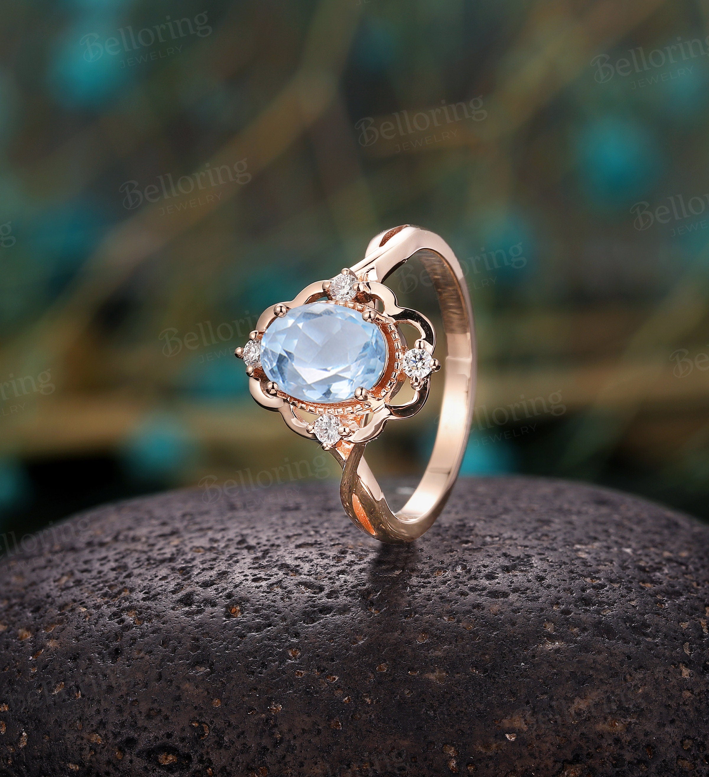 Aquamarine engagement ring vintage Rose gold  oval cut Antique Delicate diamond Half eternity Wedding  Promise Anniversary wedding ring