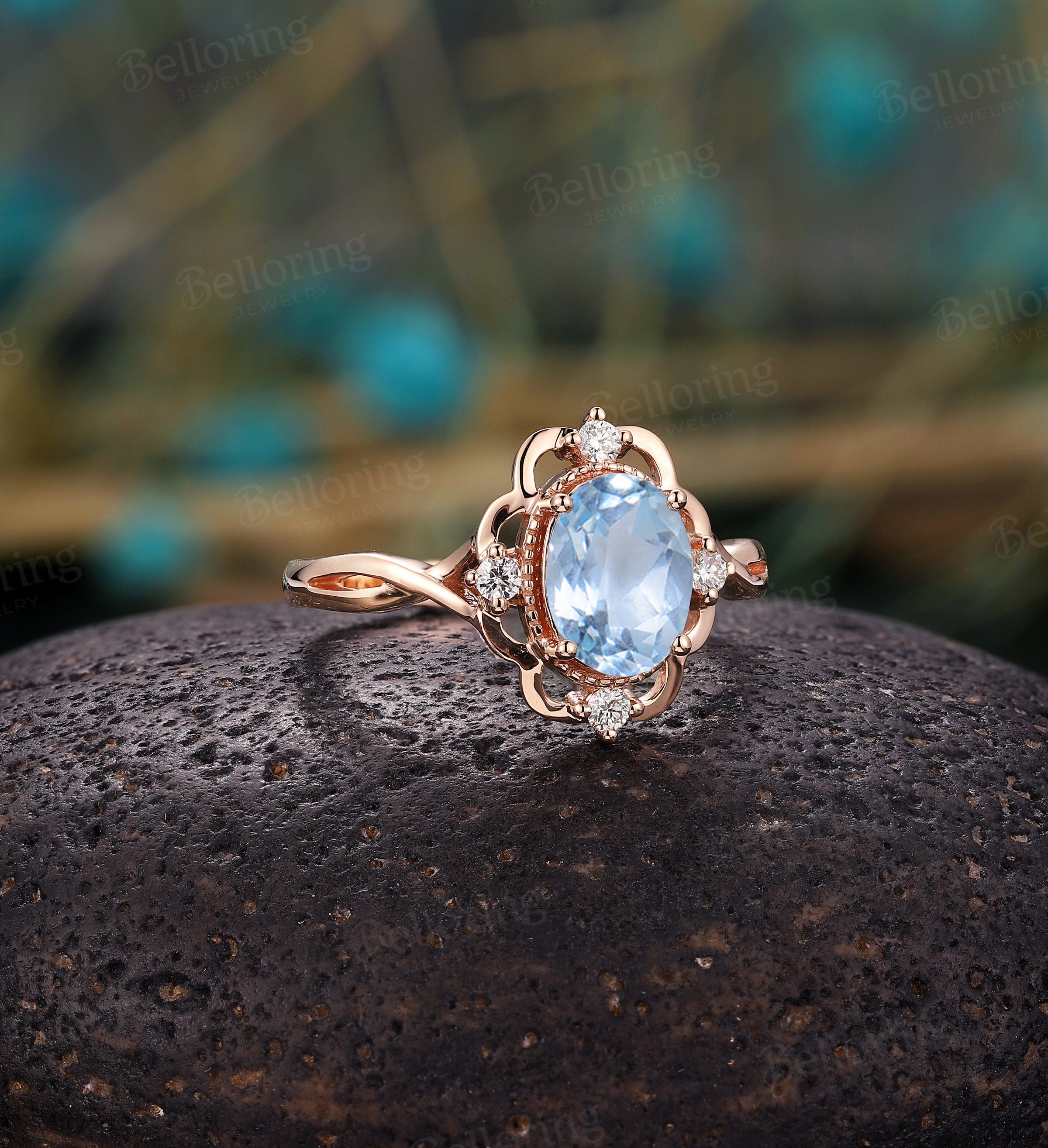 Aquamarine engagement ring vintage Rose gold  oval cut Antique Delicate diamond Half eternity Wedding  Promise Anniversary wedding ring