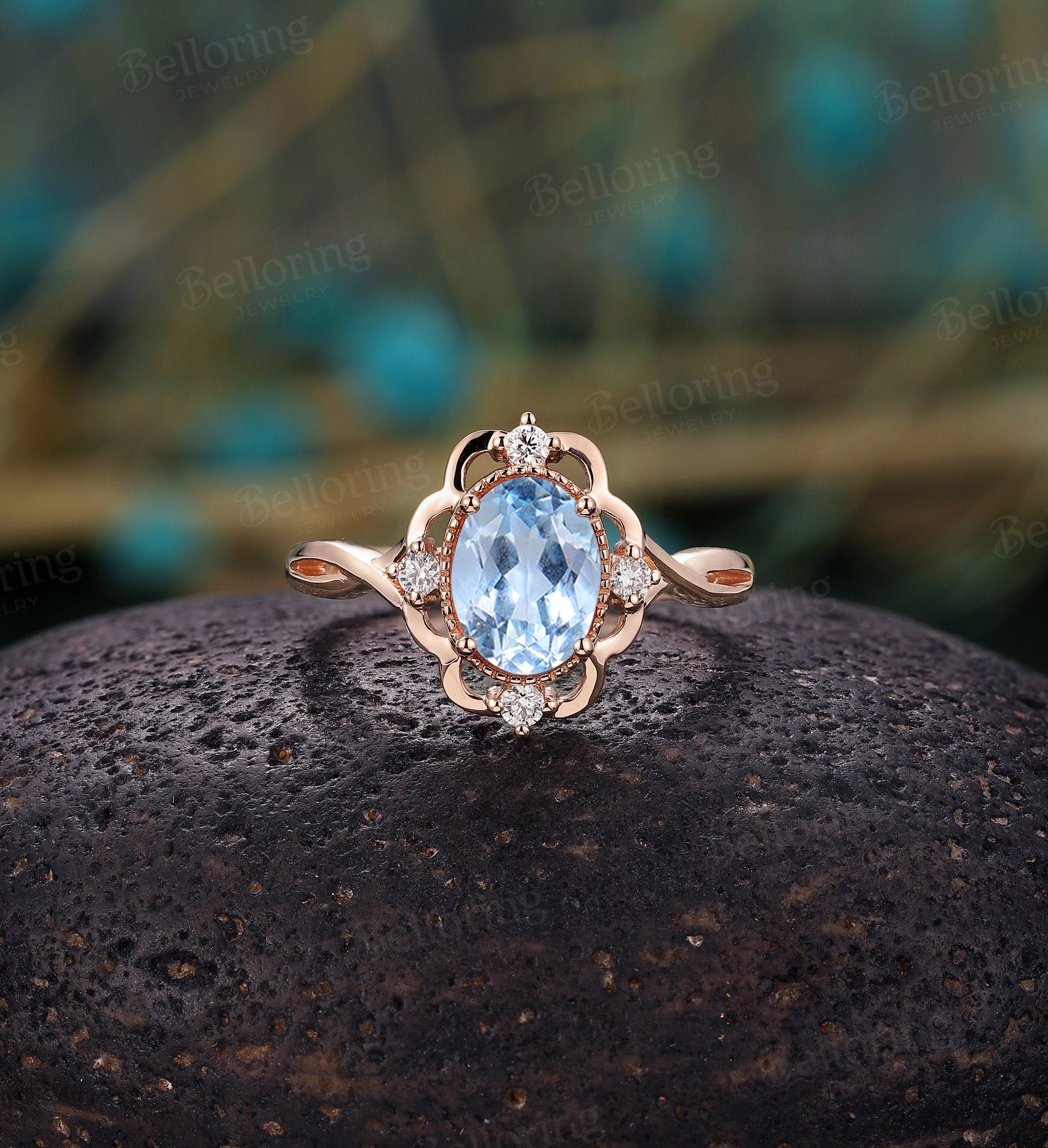 Aquamarine engagement ring vintage Rose gold  oval cut Antique Delicate diamond Half eternity Wedding  Promise Anniversary wedding ring