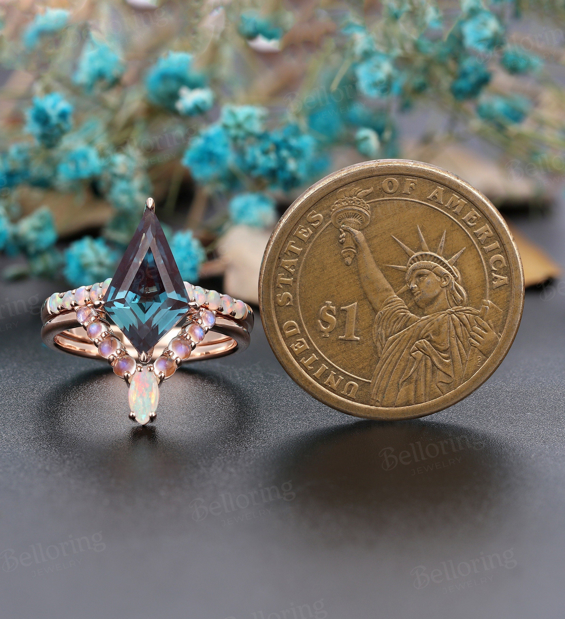 Vintage Alexandrite engagement ring set Rose gold kite cut ring set unique ring art deco Prong set Opal Milgrain Anniversary bridal set